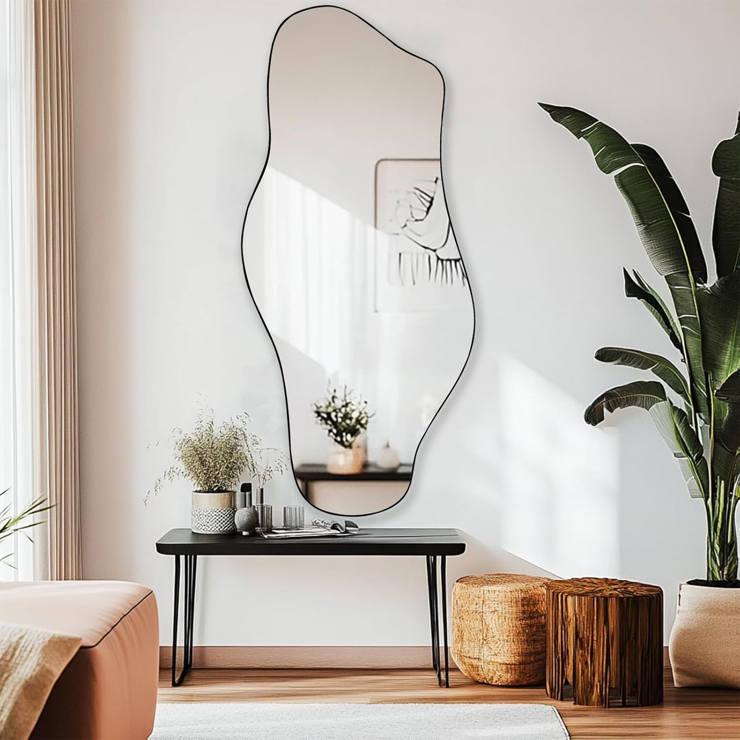 Gluck Plants Irregular Wall Mirror 21x472 Inch Black Modern Asymmetrical Mirror