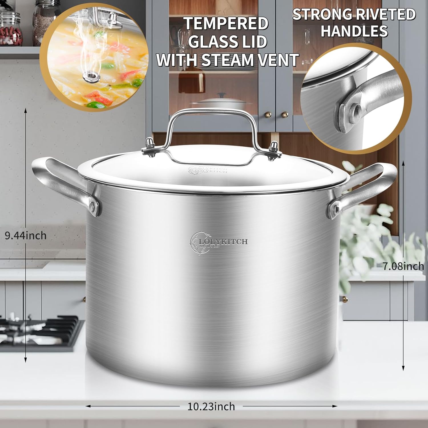 LOLYKITCH Tri-Ply 8 Quarts Stock Pot with Lid