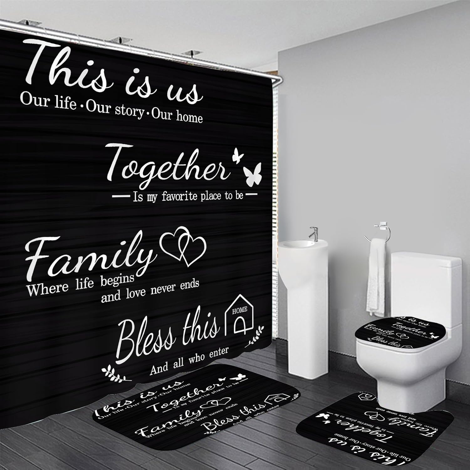 AZHM Family Shower Curtain Set with Rugs and 12 Hooks