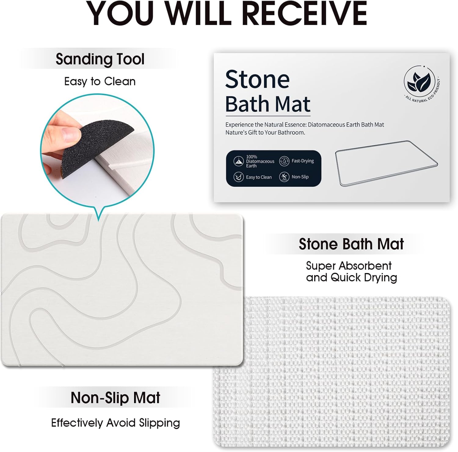 ZIKIBL Stone Bath Mat Non-Slip Durable 24x16 White