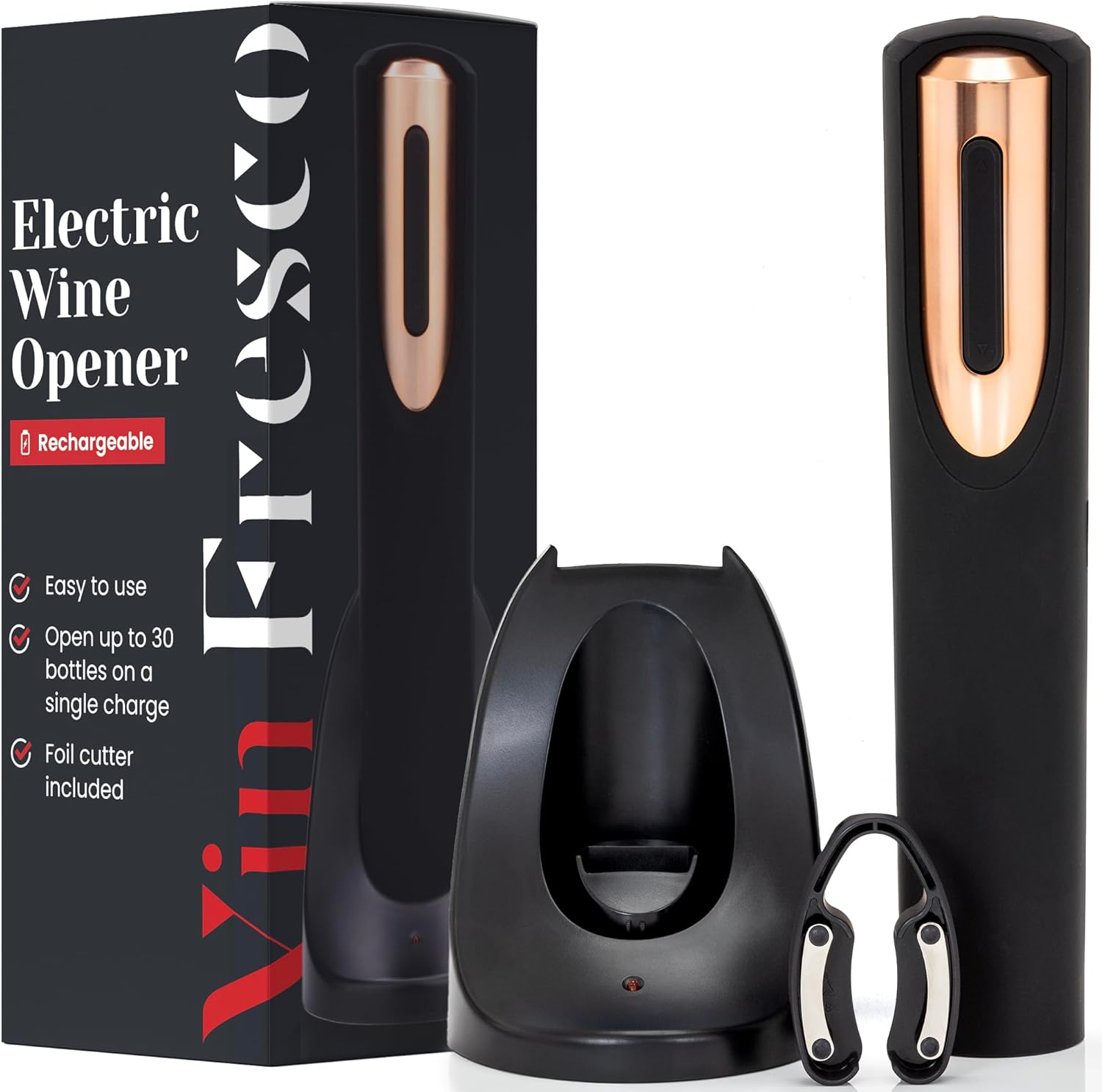 Rechargeable Wine Bottle Opener with Foil Cutter and Charging Base