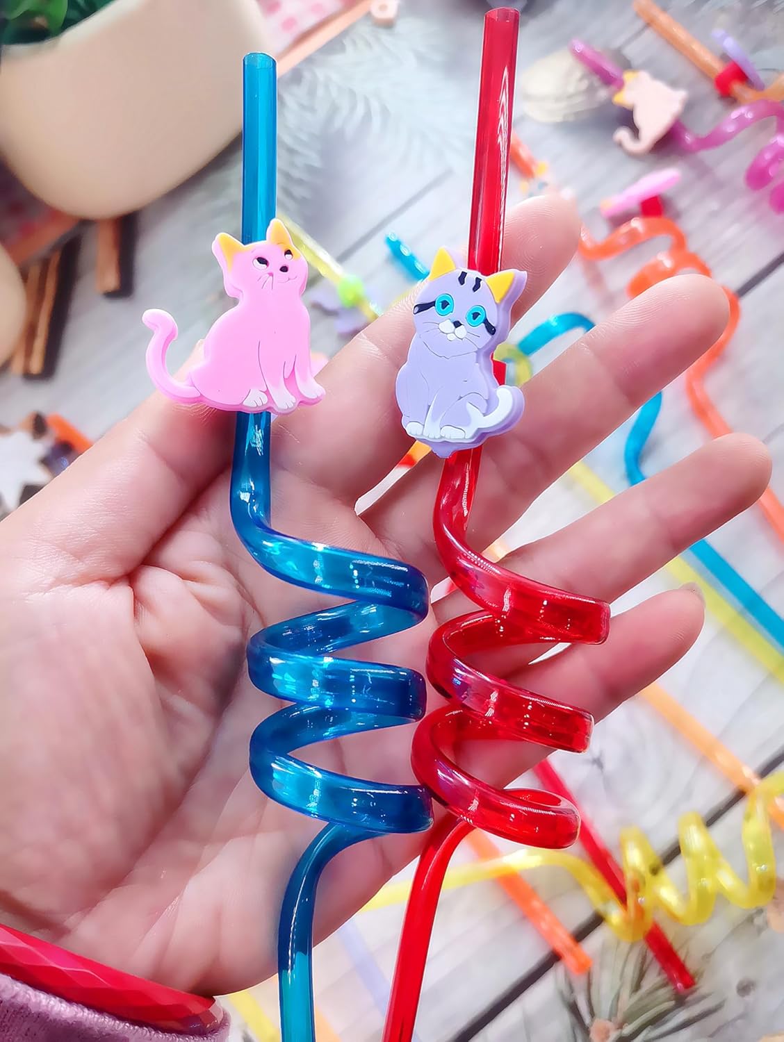 24 Bulk Cat Pattern Reusable Plastic Straws