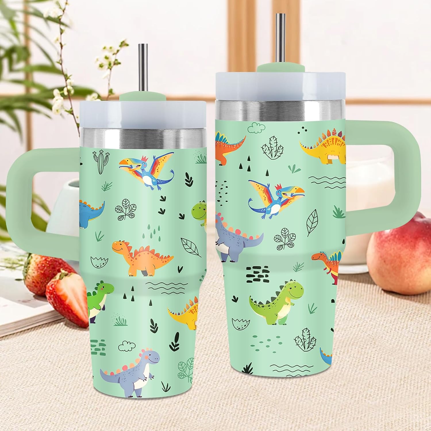 Dinosaur Tumbler with Handle and Straw 14 Oz