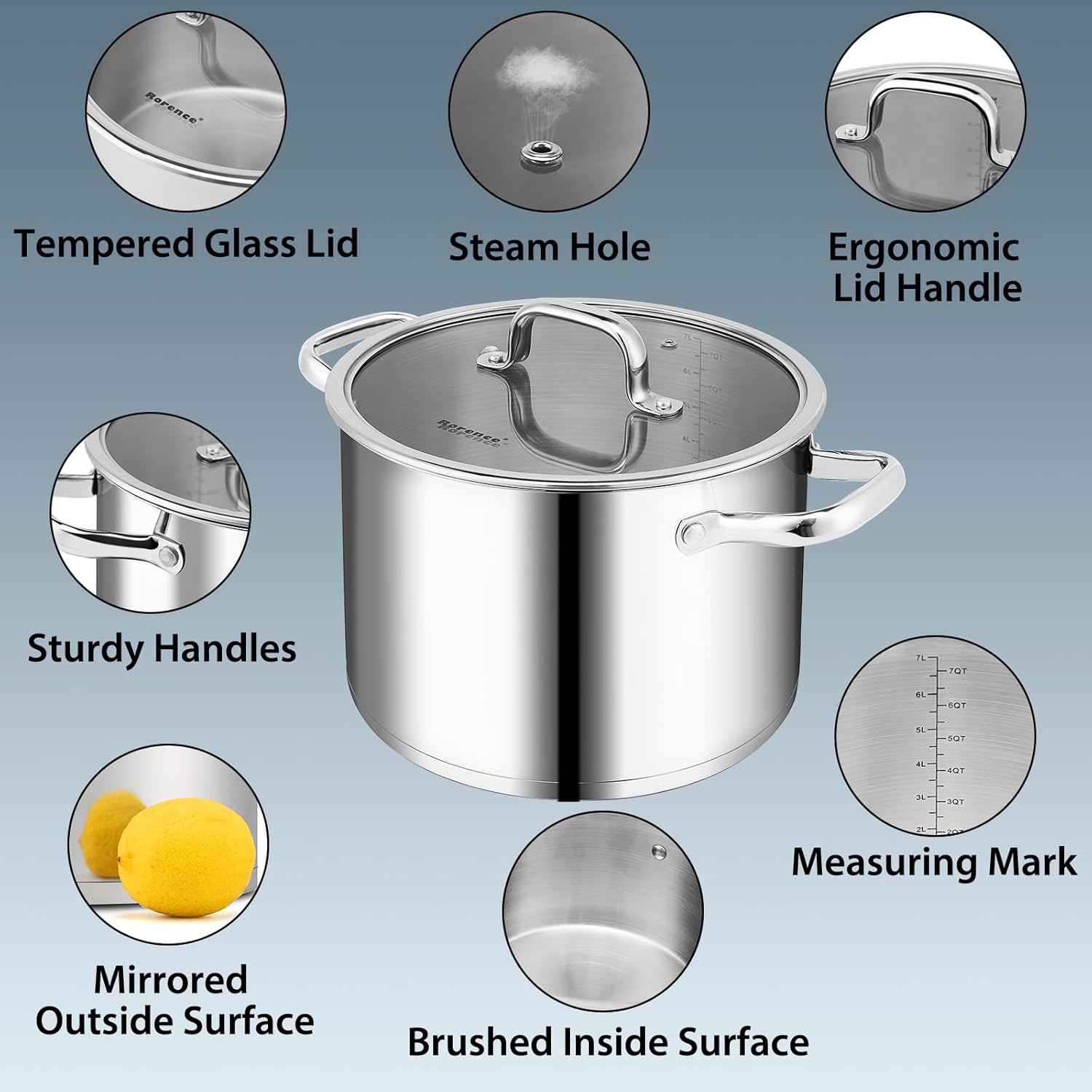 Rorence 8 Qt Stainless Steel Stockpot with Tempered Glass Lid