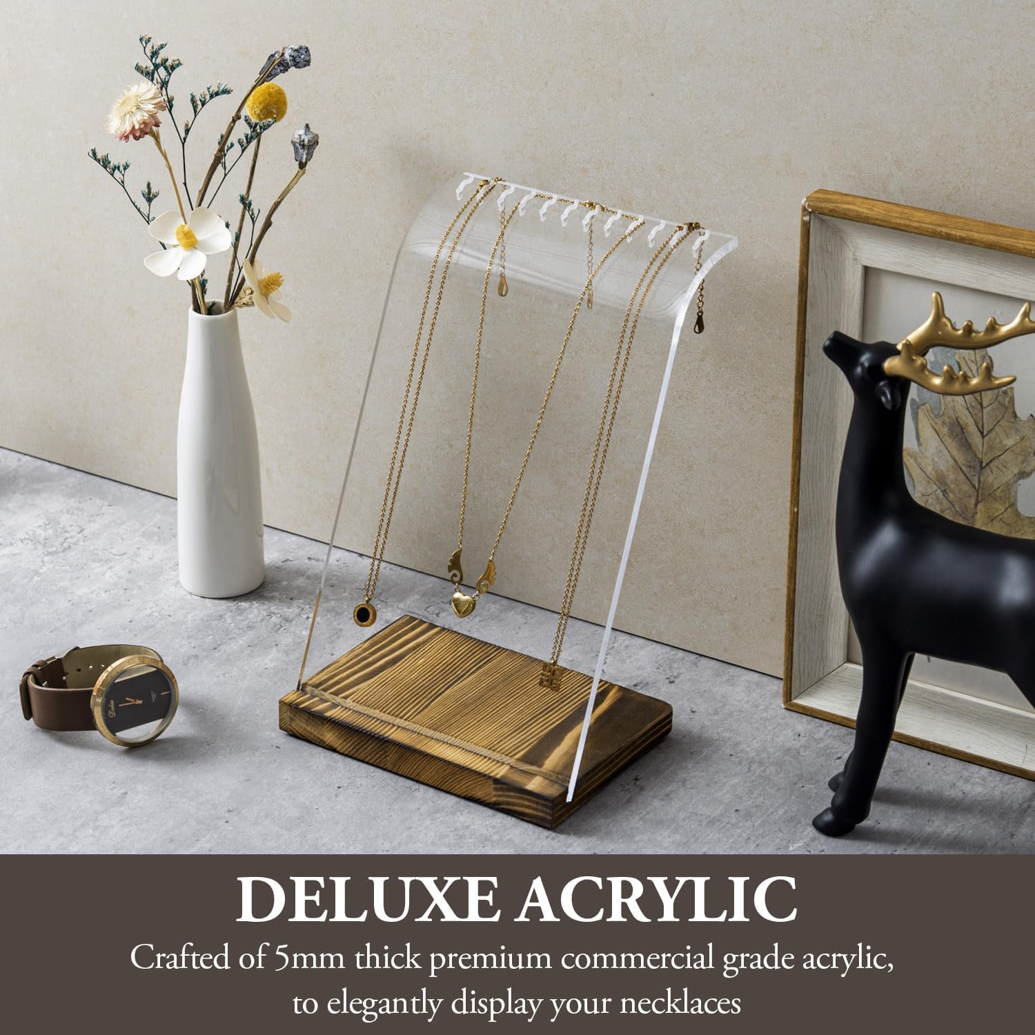 MyGift Modern Multi Necklace Holder with Clear Panel and Burnt Wood Base