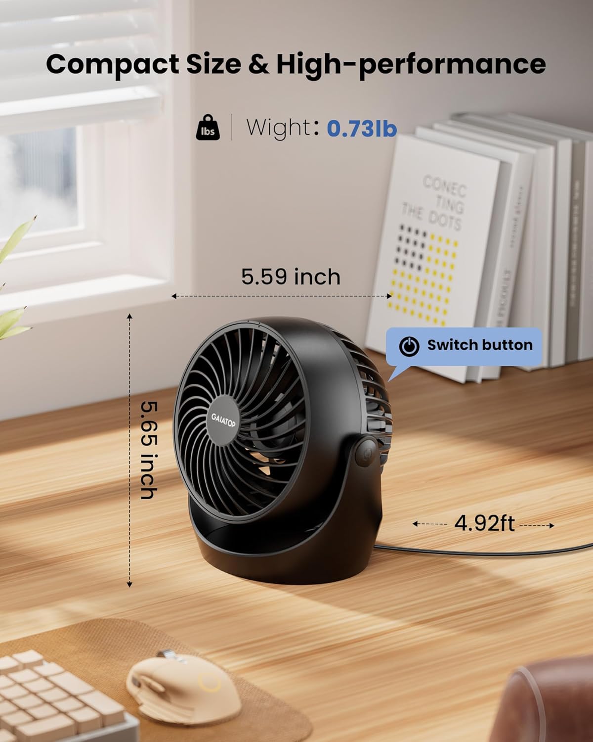 Gaiatop 5-Inch Portable Desk Fan - 3 Speed Black