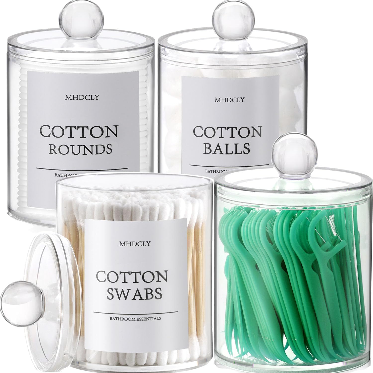 4 Pack Clear Q-tip Holder Dispenser with Lids and Labels
