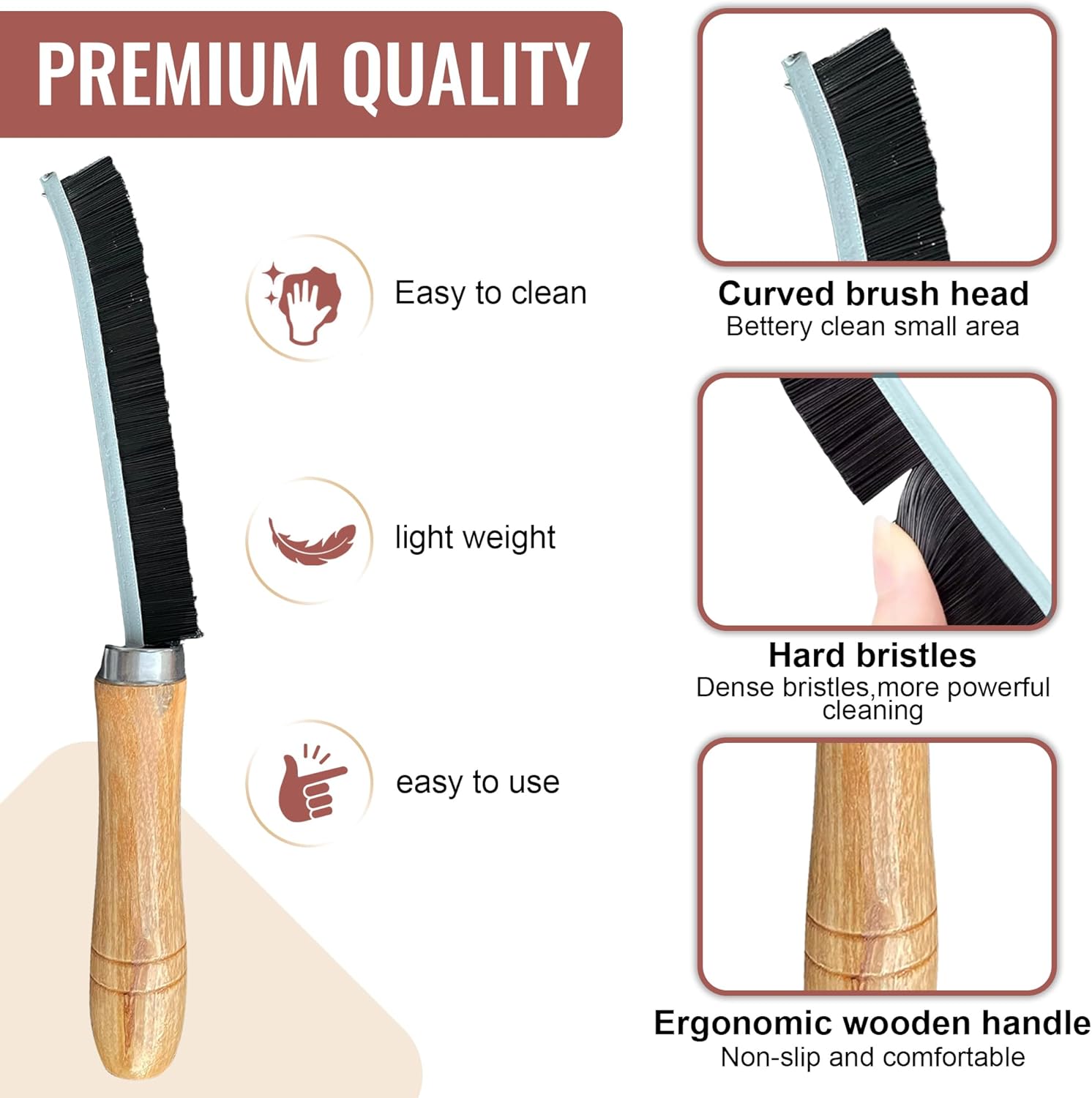 Crevice Cleaning Brush with Hard Bristles and Wooden Handle