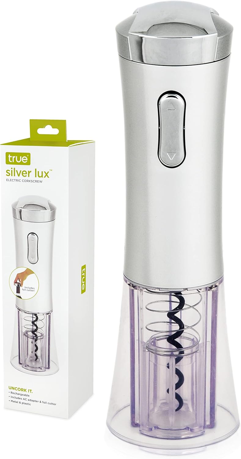 True Lux Electric Rechargeable Corkscrew Bottle Opener Silver