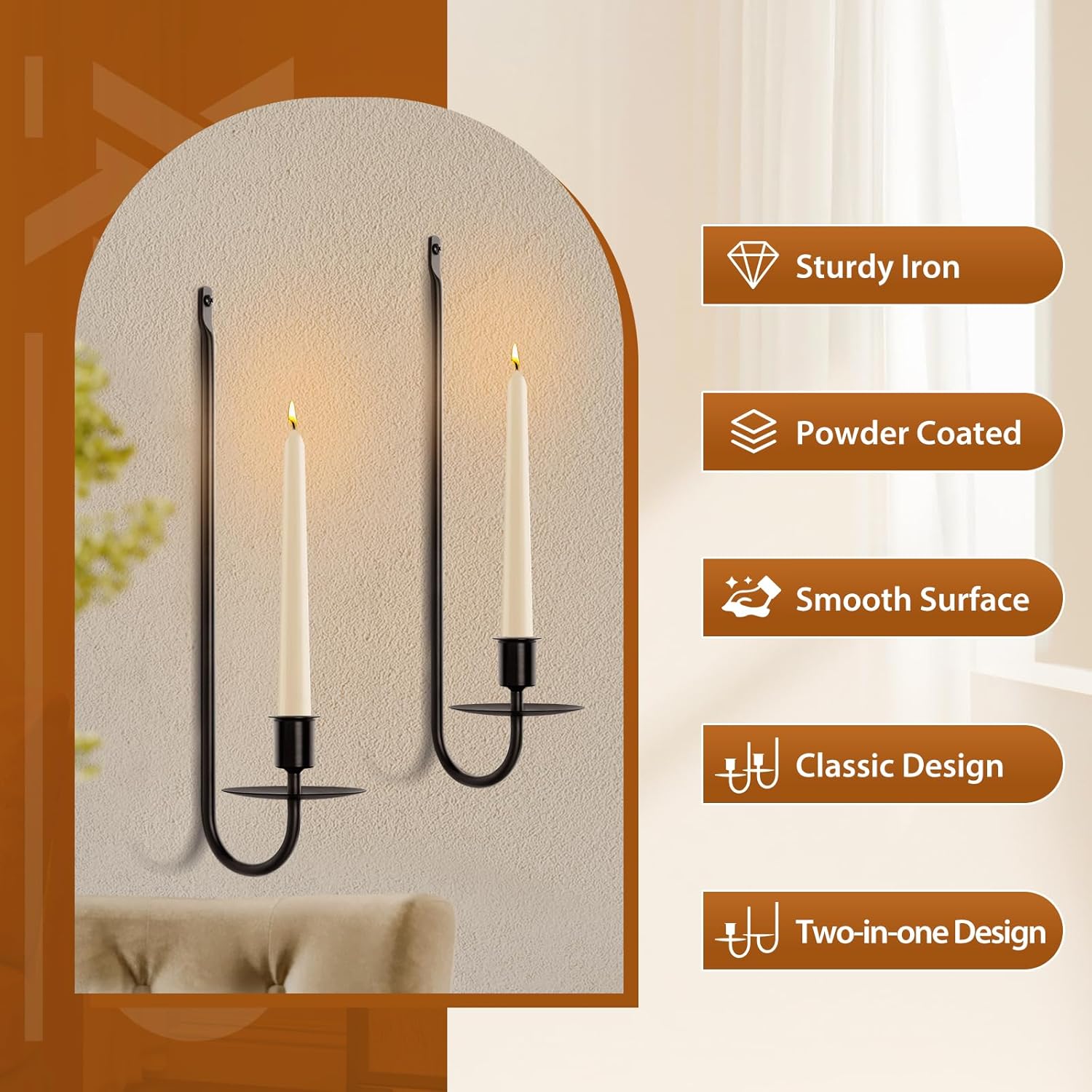 XAROO Candle Sconces Set of 2 Black Wall Mount