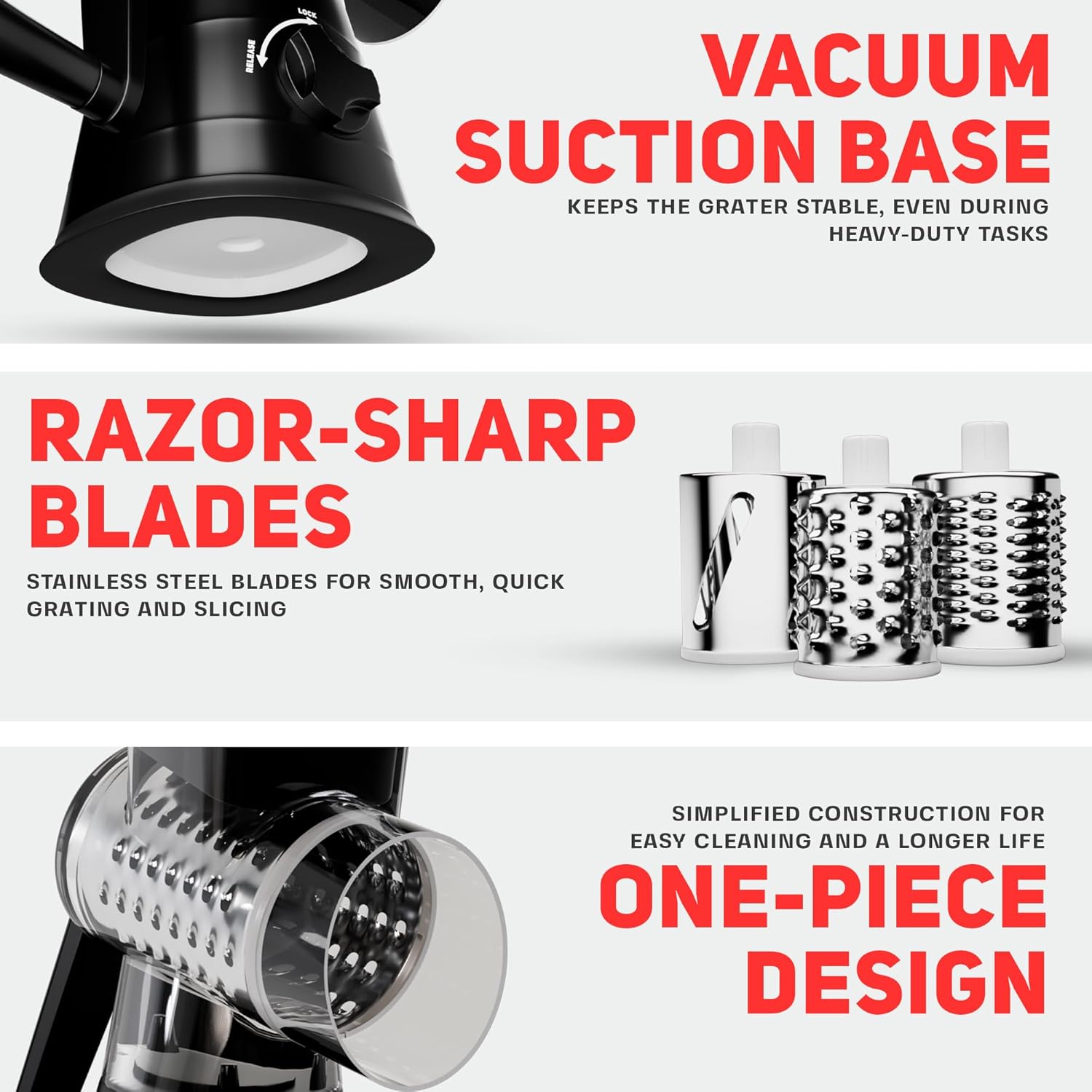Rotary Cheese Grater with 3 Blades and Suction Base