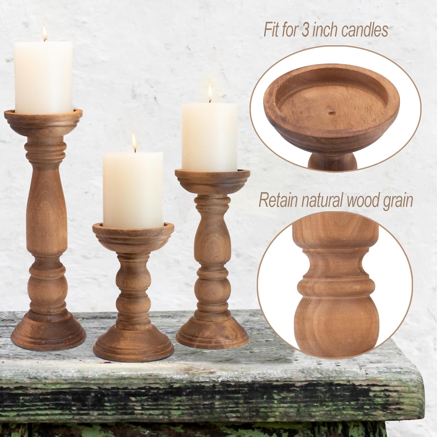 Farmhouse Wooden Candle Holders Set of 3 Brown