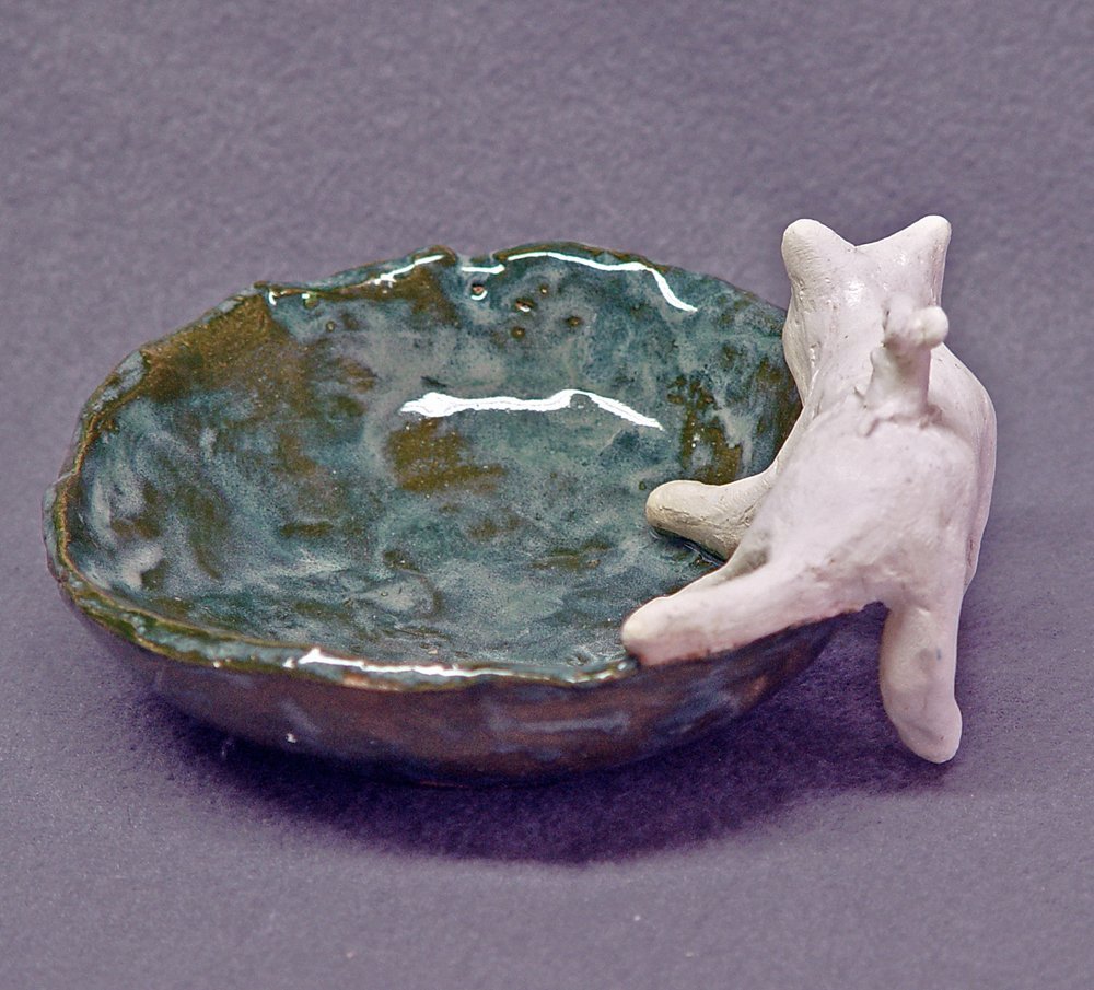 Handmade Ceramic Cat Mouse Trinket Bowl Ring Holder Soap Dish Candle Holder