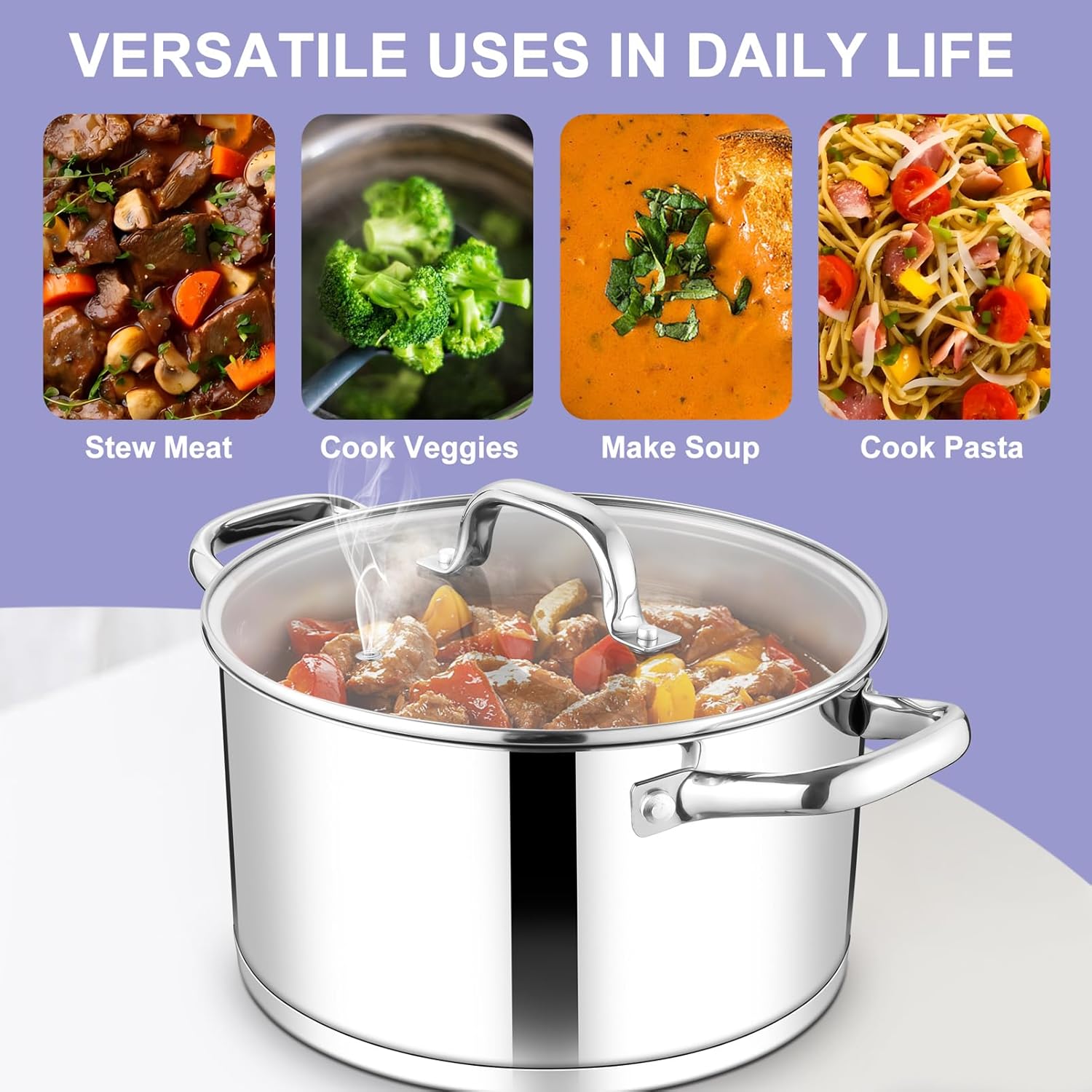 TeamFar 8QT Stock Pot with Lid and Tri-ply Bottom