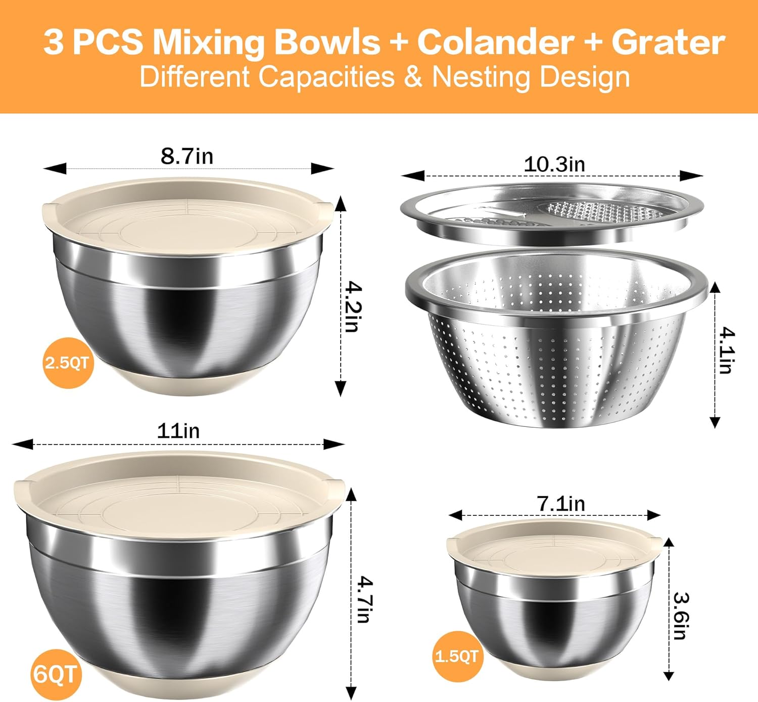 Nicdiet 3-Piece Stainless Steel Mixing Bowls with Airtight Lids