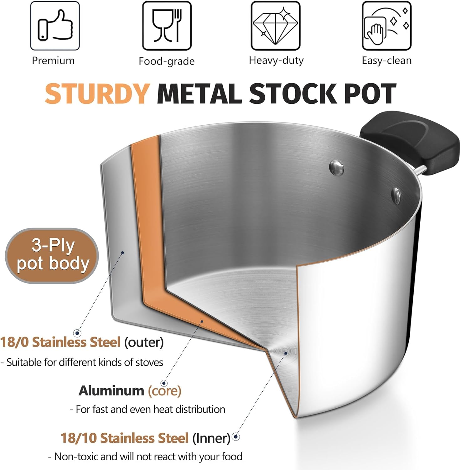 8 Quart 3-Ply Stainless Steel Stock Pot with Lid