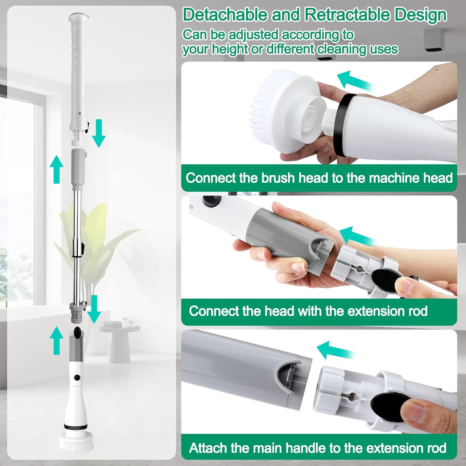 Electric Spin Scrubber with 6 Replaceable Heads and Adjustable Handle