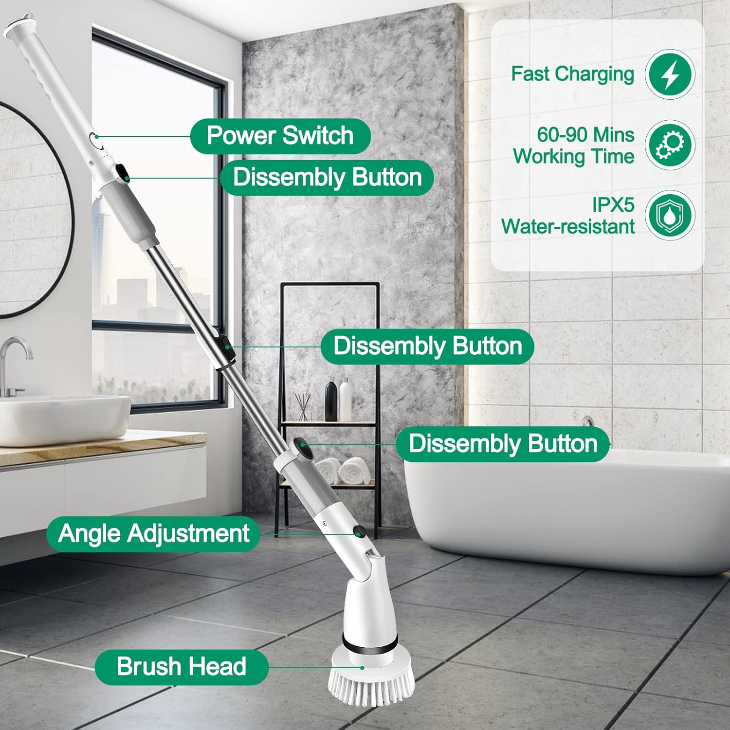 Electric Spin Scrubber with 6 Replaceable Heads and Adjustable Handle