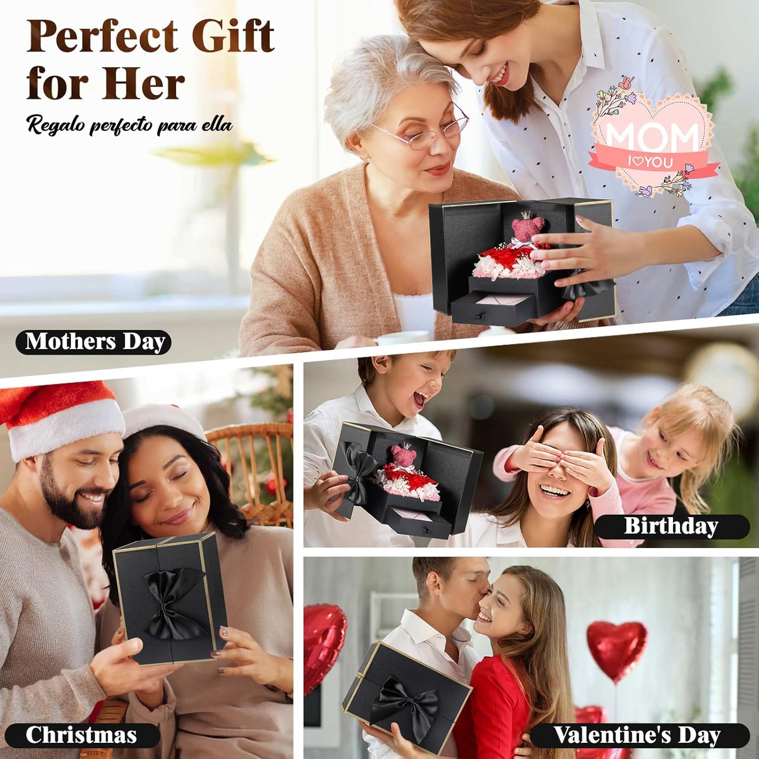 Cute Preserved Real Roses Bear Gift Box for Girlfriend with Initial Necklace