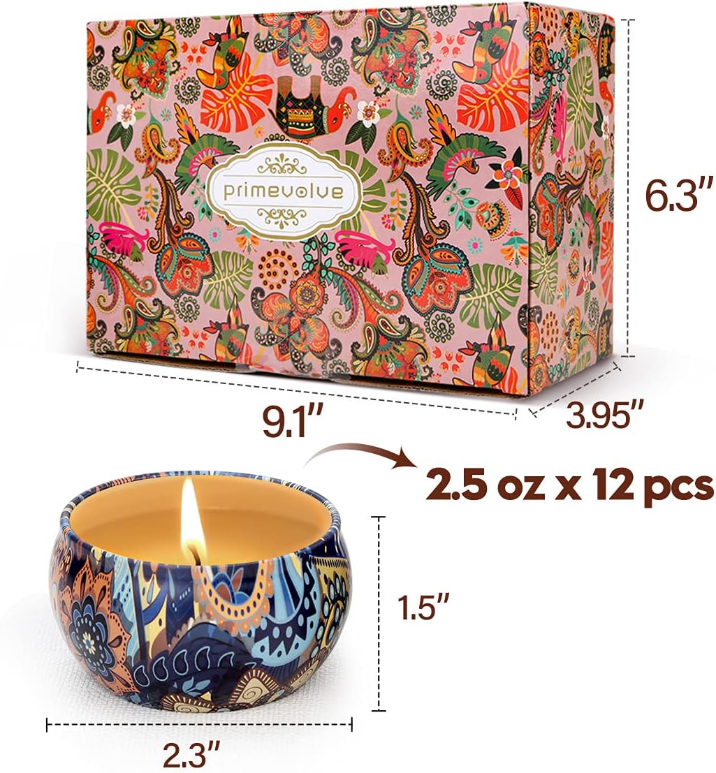 Primevolve Scented Candles 12 Pack Travel Tin Set for Women