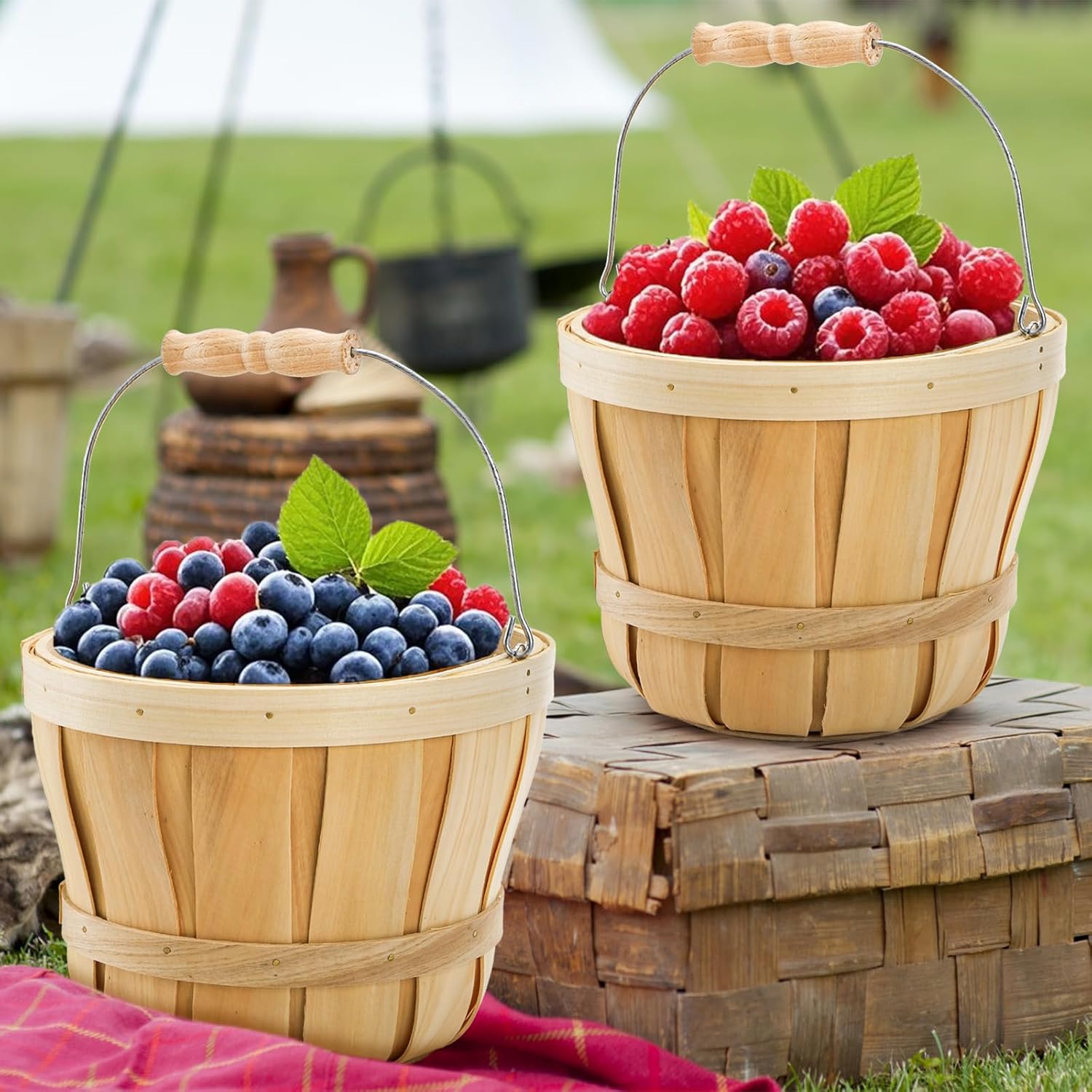 Okllen 2 Pack Round Wooden Baskets with Handle
