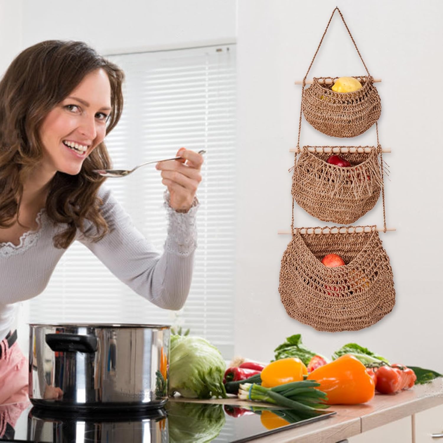 3-Tier Hanging Fruit Basket for Kitchen and Living Room