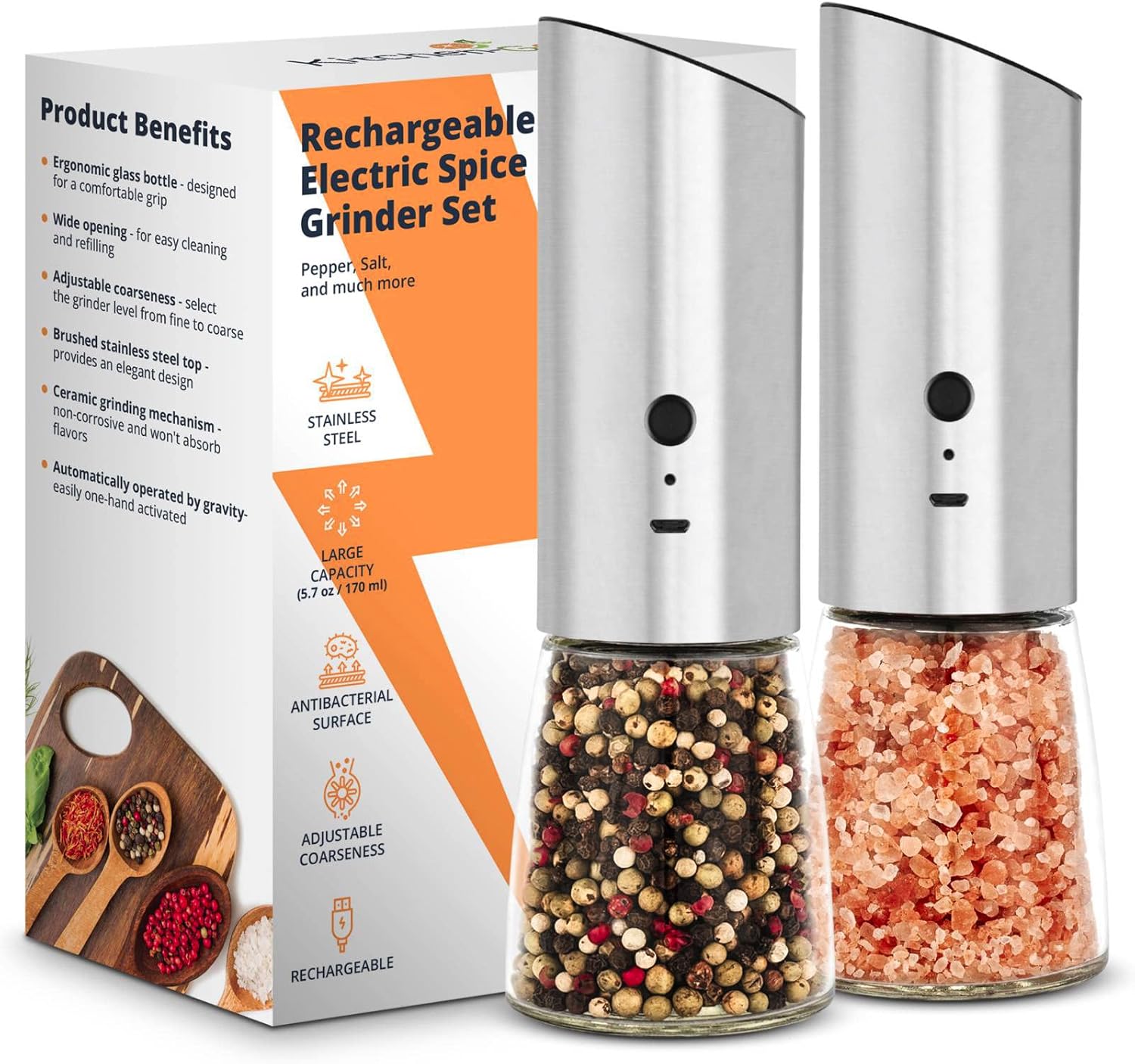 Rechargeable Salt and Pepper Grinder Set with Adjustable Coarseness