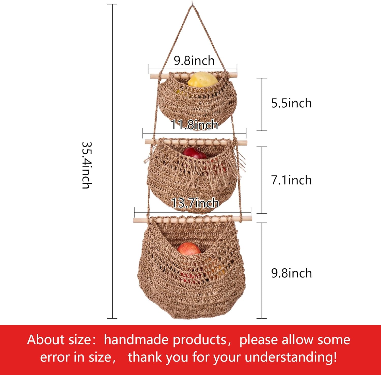 3-Tier Hanging Fruit Basket for Kitchen and Living Room