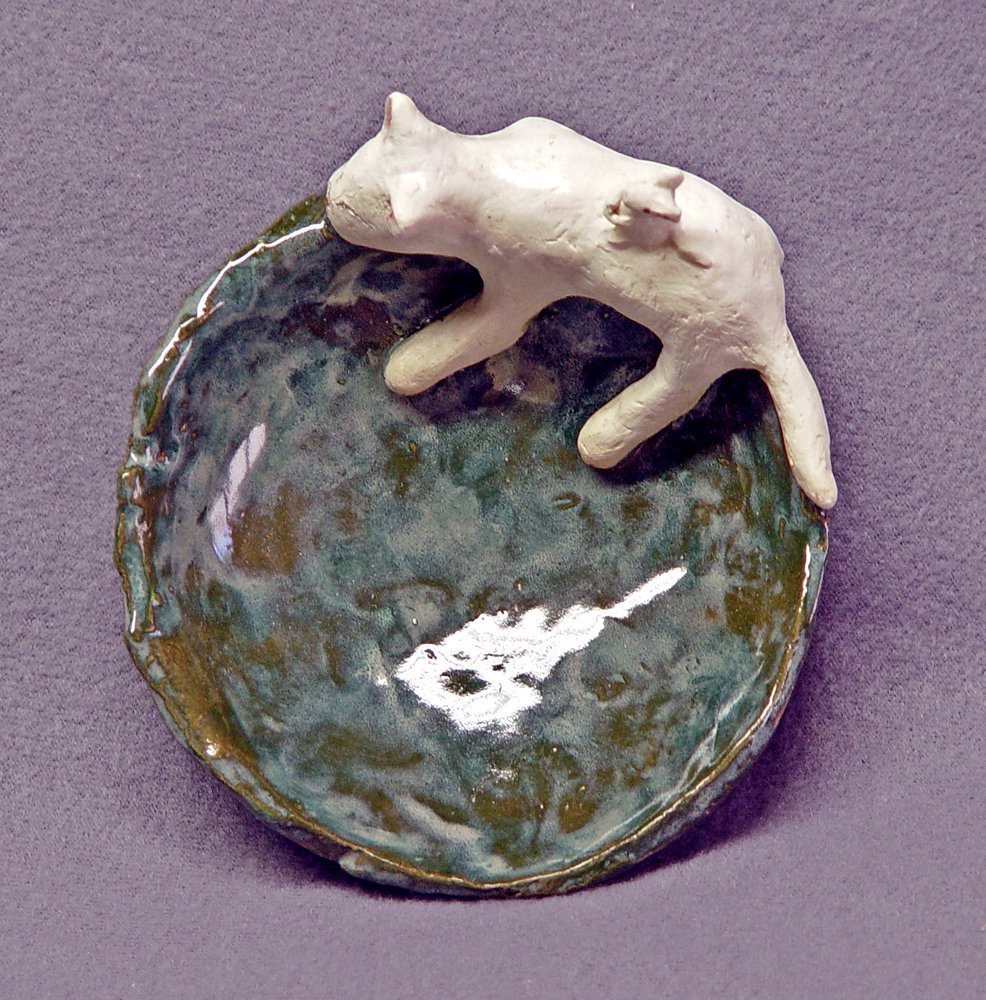 Handmade Ceramic Cat Mouse Trinket Bowl Ring Holder Soap Dish Candle Holder
