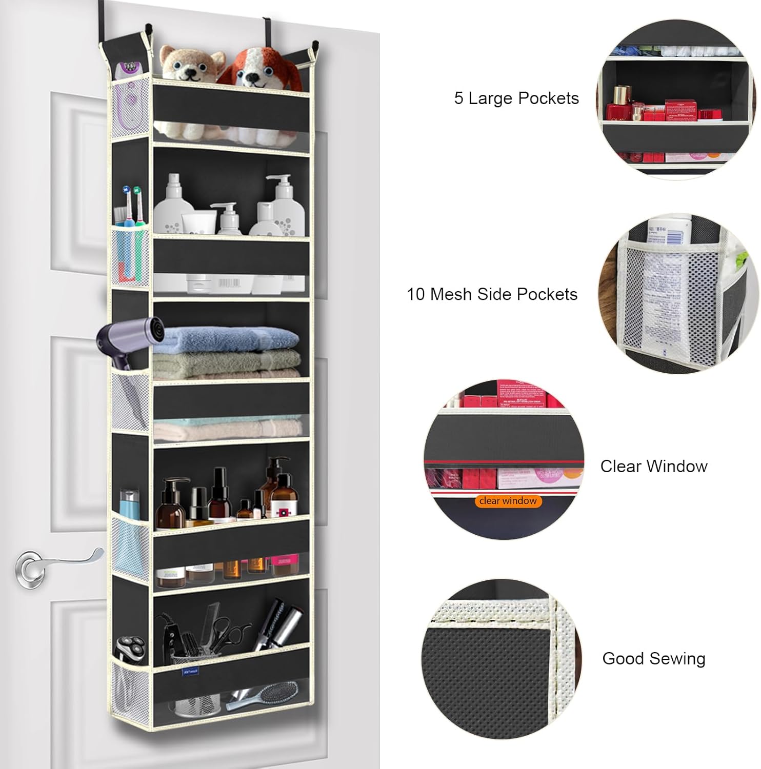 Over The Door Hanging Organizer 5 Shelves 10 Pockets Black