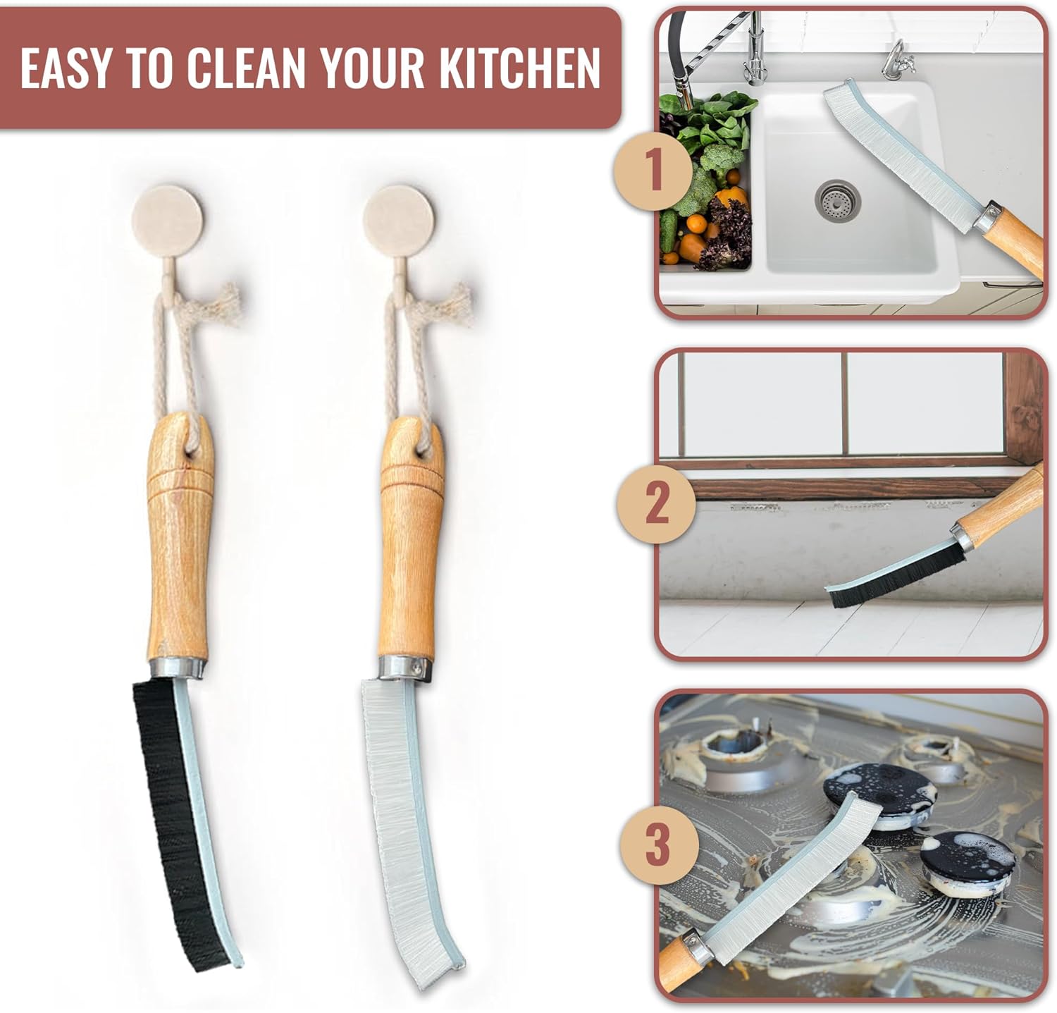 Crevice Cleaning Brush with Hard Bristles and Wooden Handle