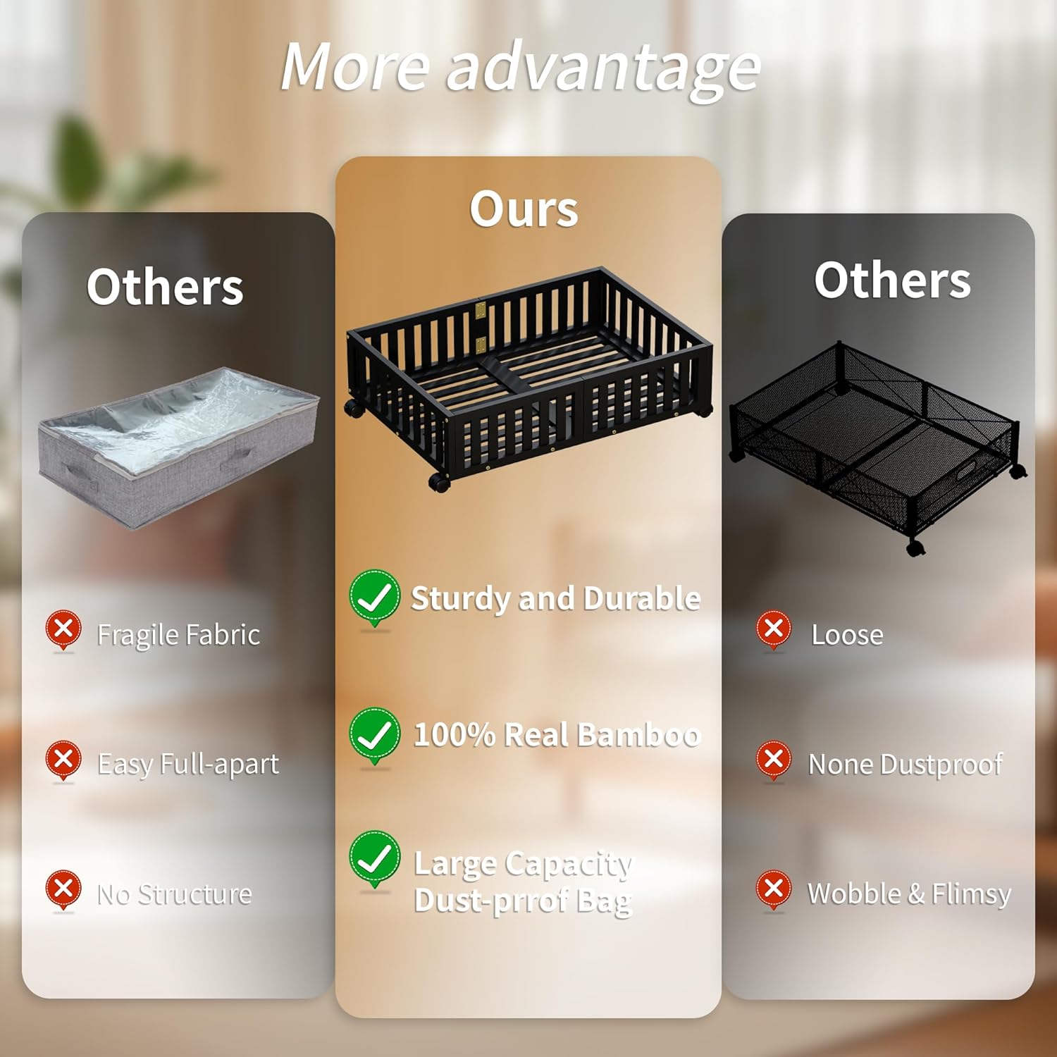 Bamboo Under Bed Storage with Wheels 2 Pack
