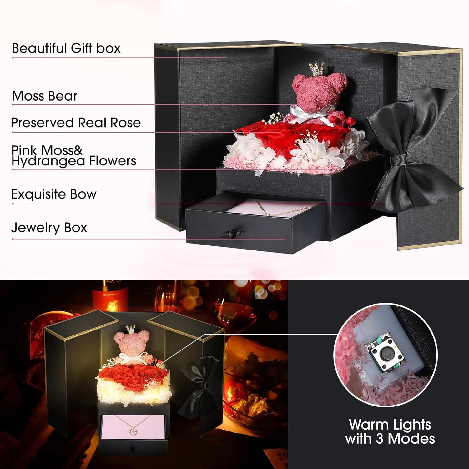 Cute Preserved Real Roses Bear Gift Box for Girlfriend with Initial Necklace