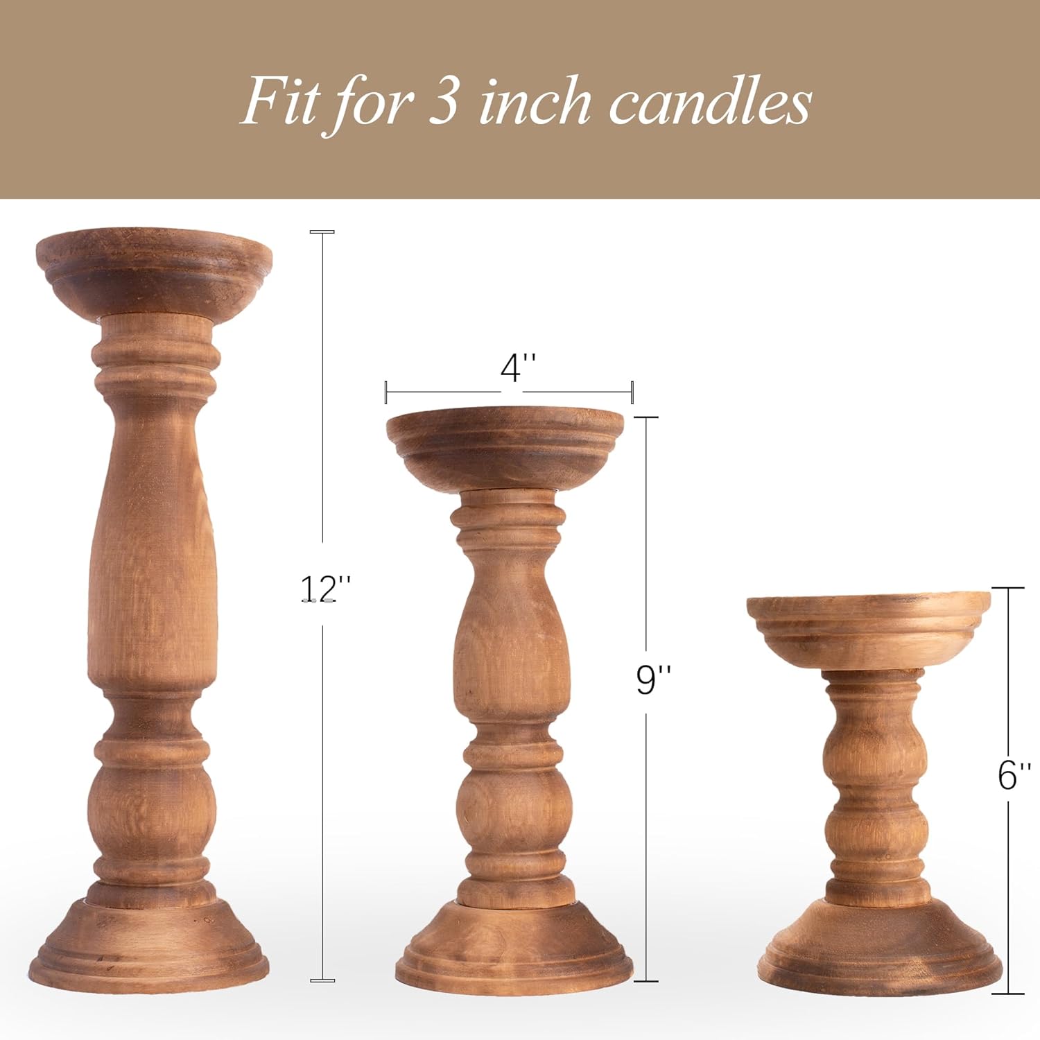 Farmhouse Wooden Candle Holders Set of 3 Brown