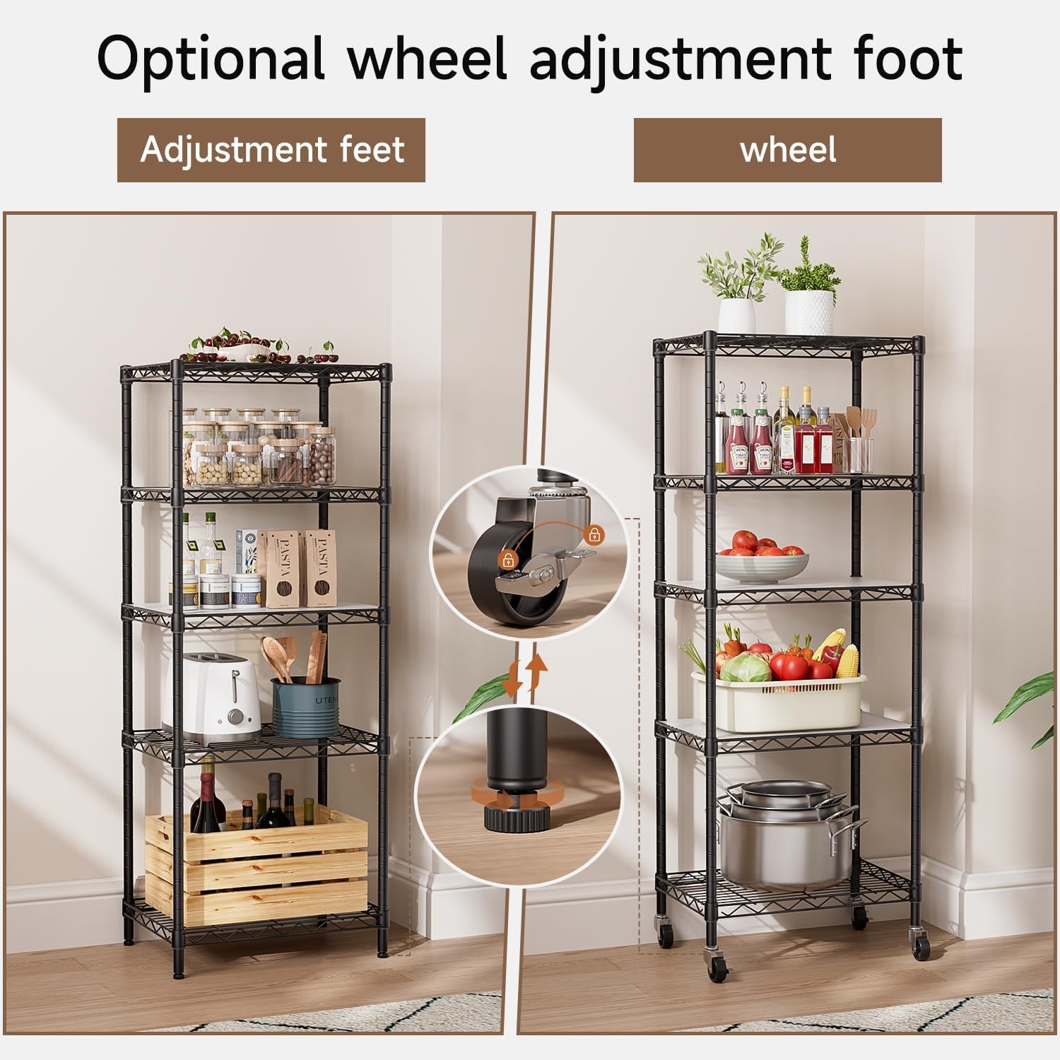 Golpart Small 5 Tier Metal Shelving Unit with Wheels Black