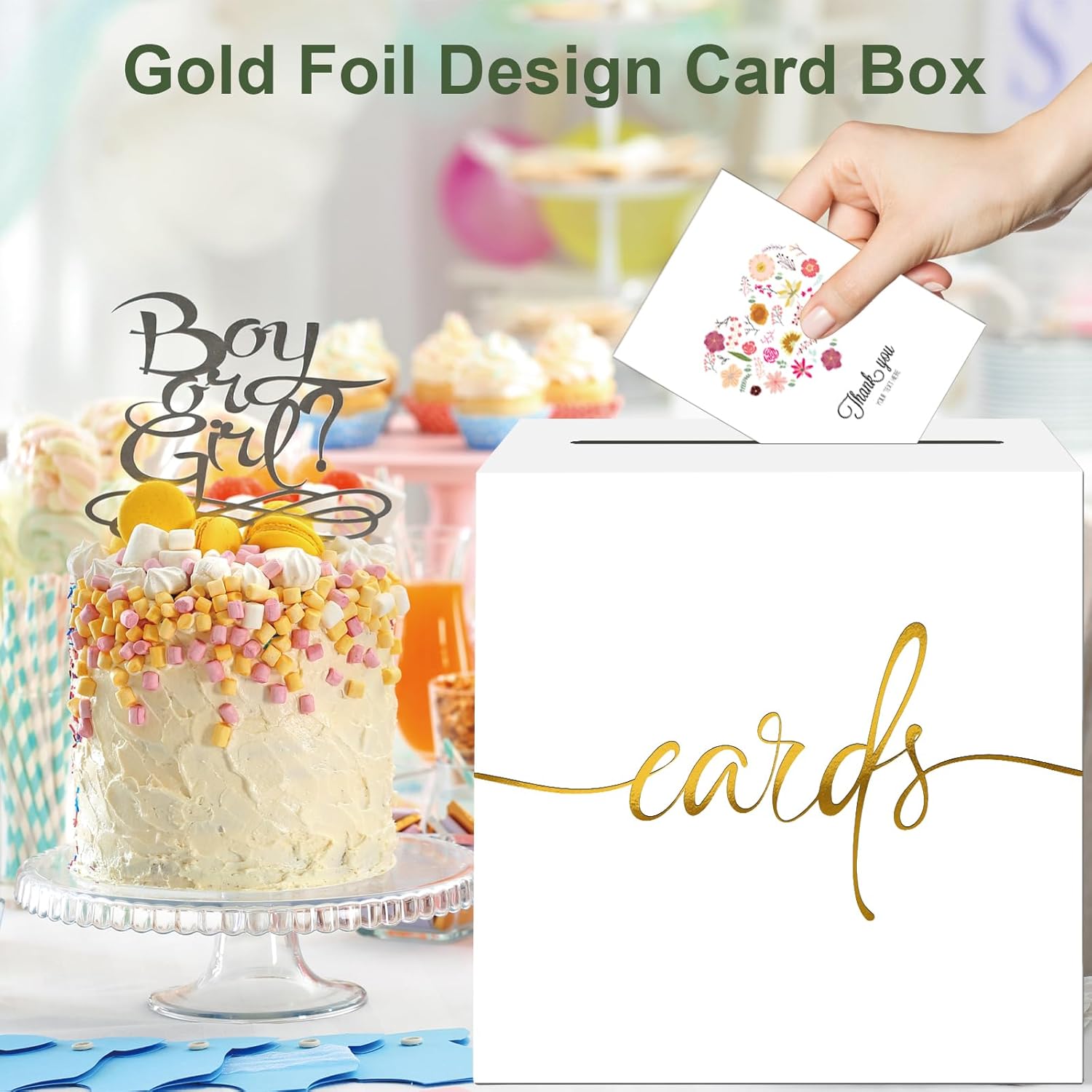 White Card Box with Gold Foil Design - Party Wedding Graduation Baby Shower