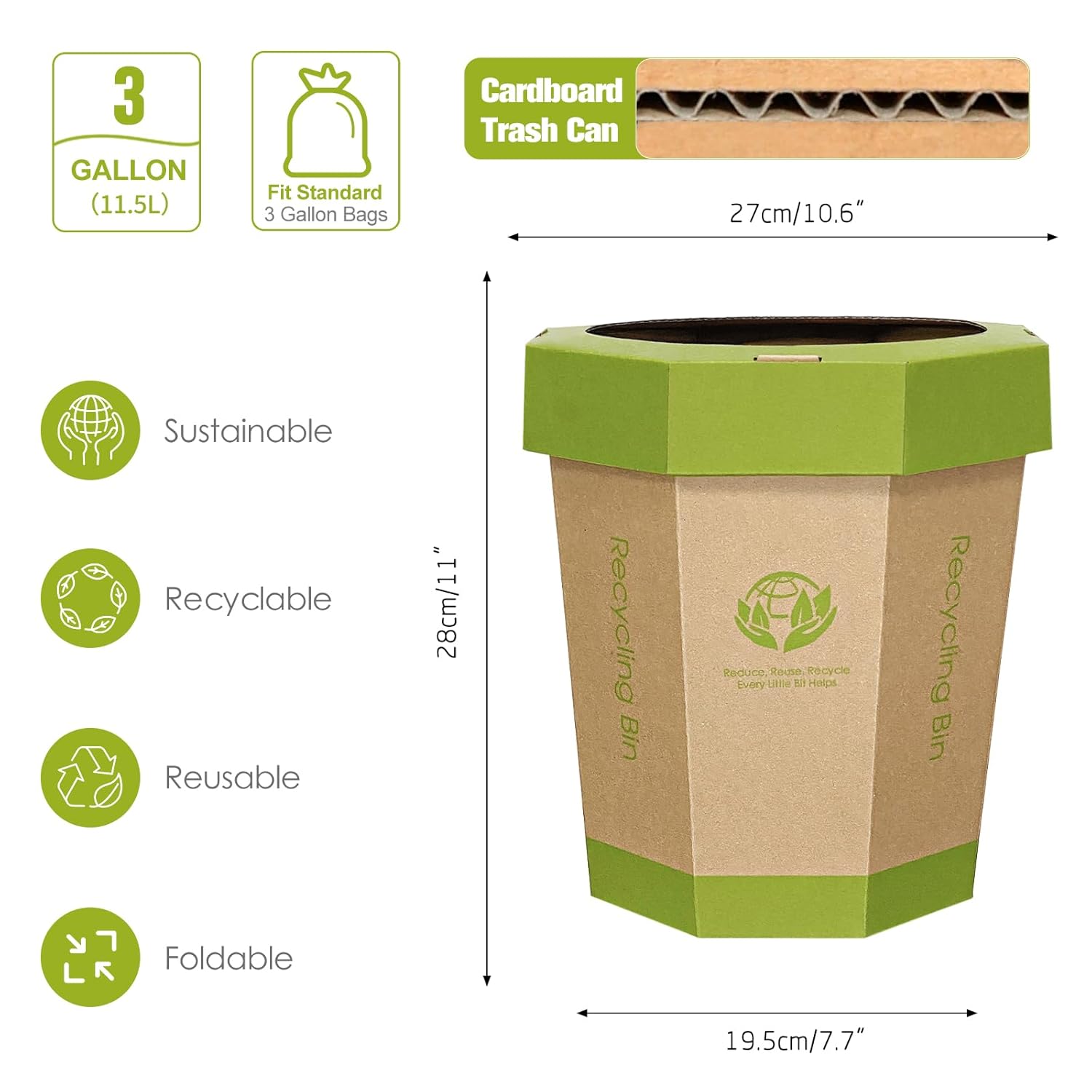 QIMATOP 5 Pack Cardboard Trash Cans 3 Gallon Reusable Foldable