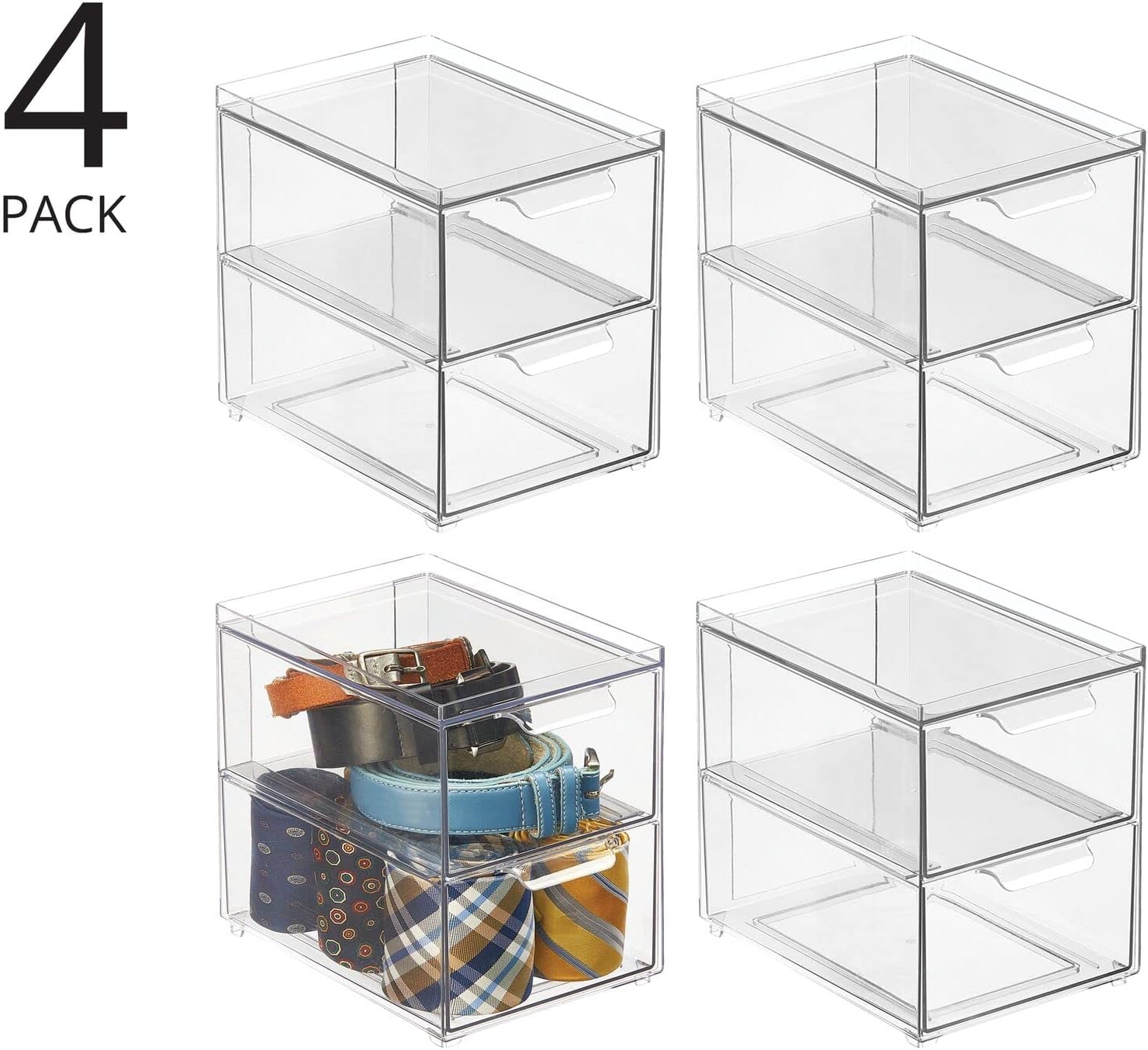 mDesign Stackable Storage Containers with 2 Drawers - 4 Pack Clear