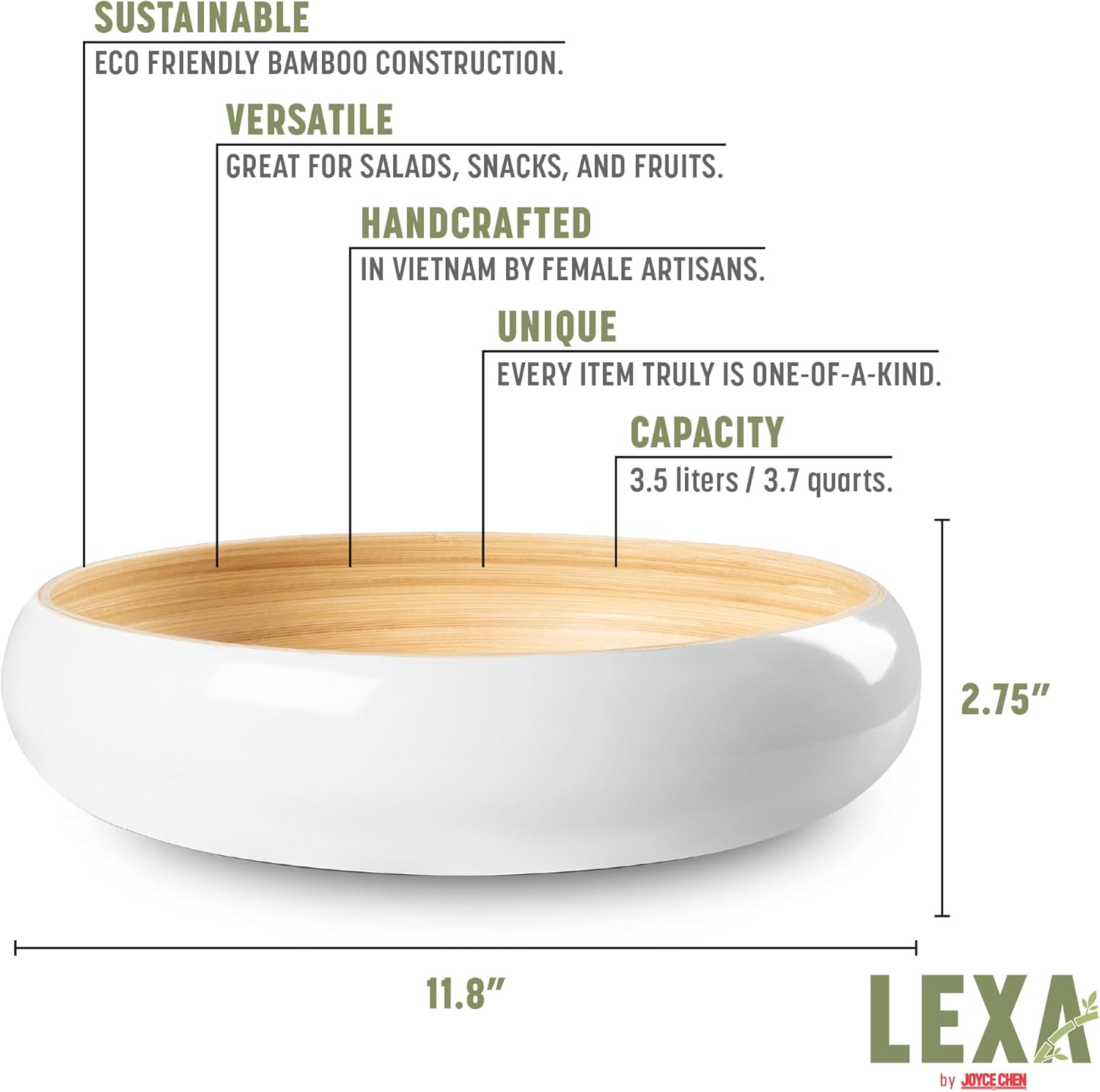 LEXA 12 Inch Handmade Bamboo Salad Bowl