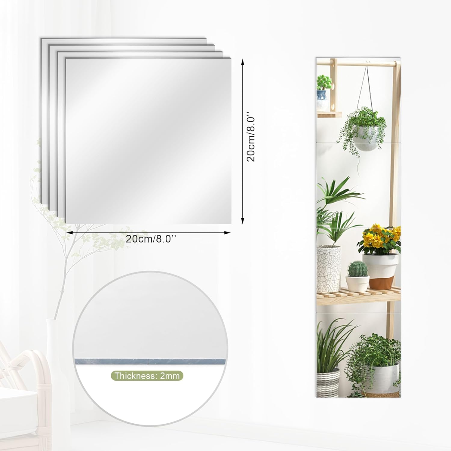 Quacc 4 Pc Self Adhesive Mirrors 8x8 Inch Frameless Tiles
