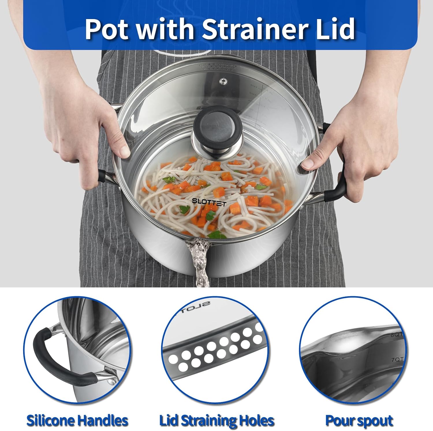 8 Quart Stainless Steel Stock Pot with Strainer Glass Lid