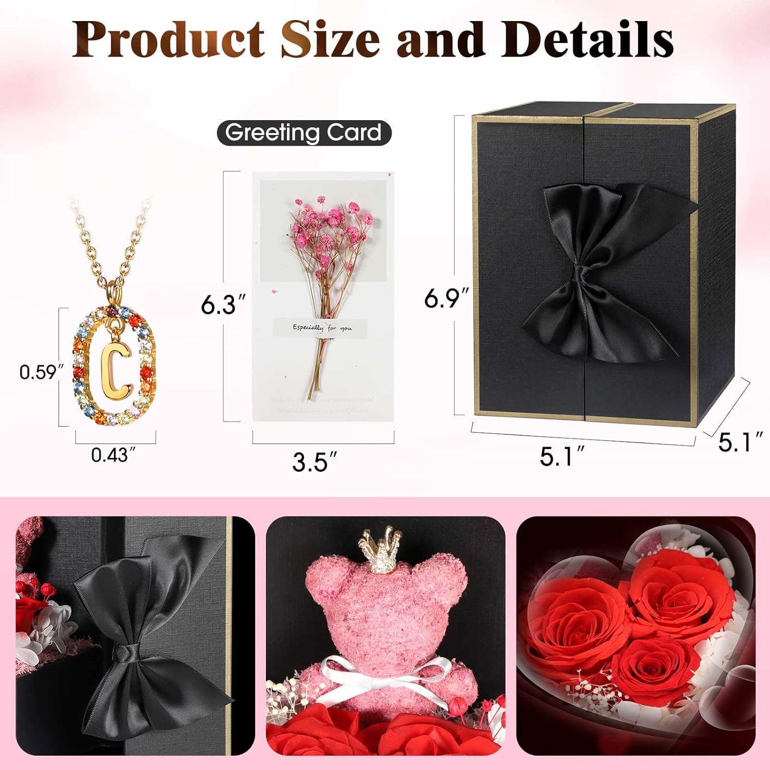 Cute Preserved Real Roses Bear Gift Box for Girlfriend with Initial Necklace