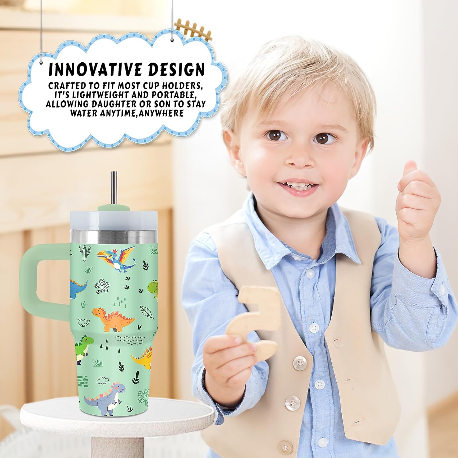 Dinosaur Tumbler with Handle and Straw 14 Oz