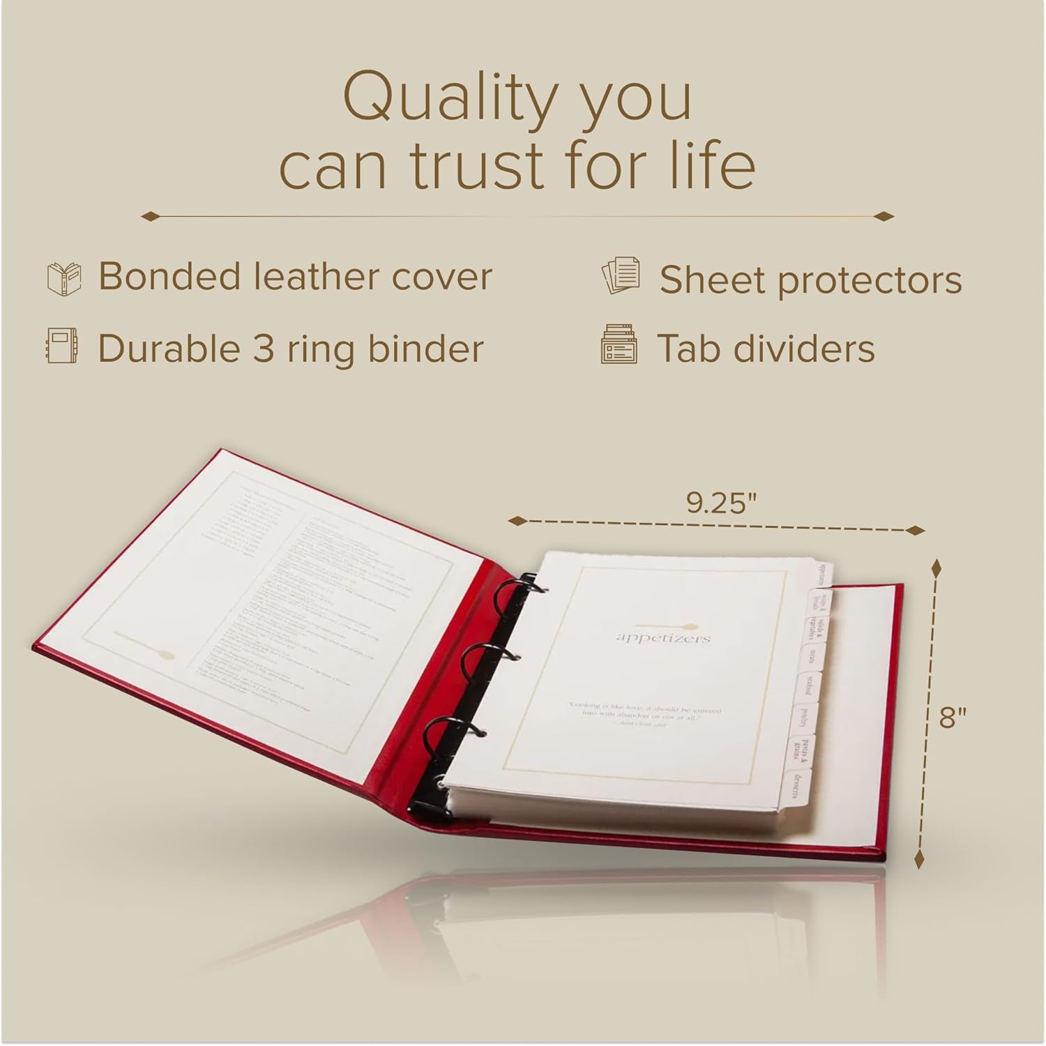 Gallery Leather Recipe Holder Book - 3 Ring Binder with Plastic Sleeves