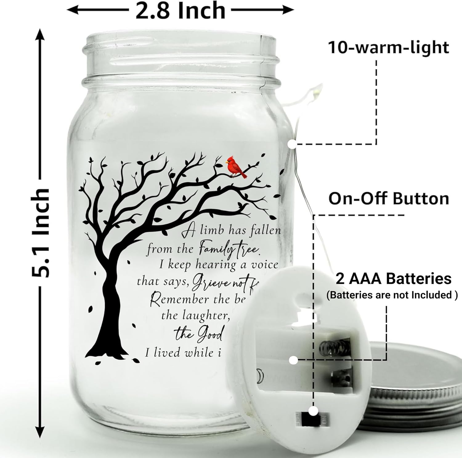 Memorial Mason Jar Light with Red Cardinal