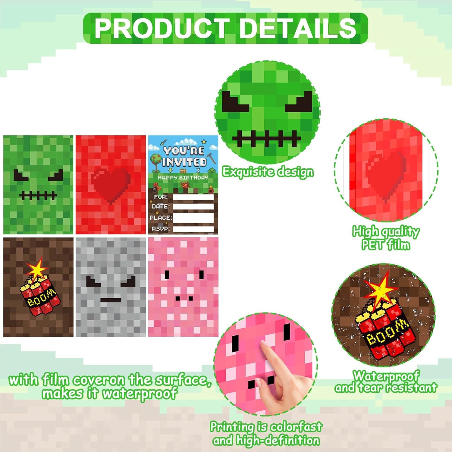 Pixel Birthday Invites 30 Sets with Stickers and Envelopes