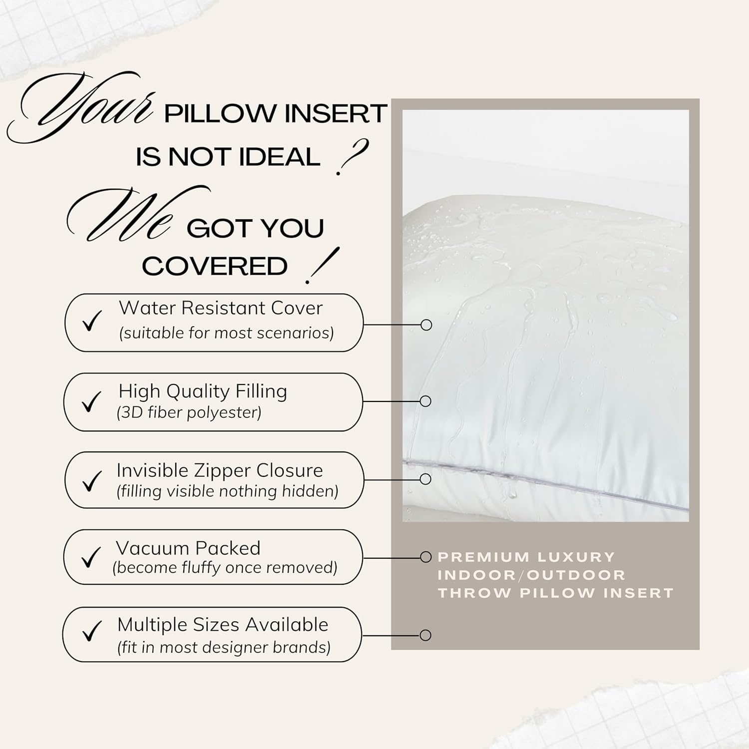 Cloudote Waterproof Pillow Insert 20x20 Decorative Pillow