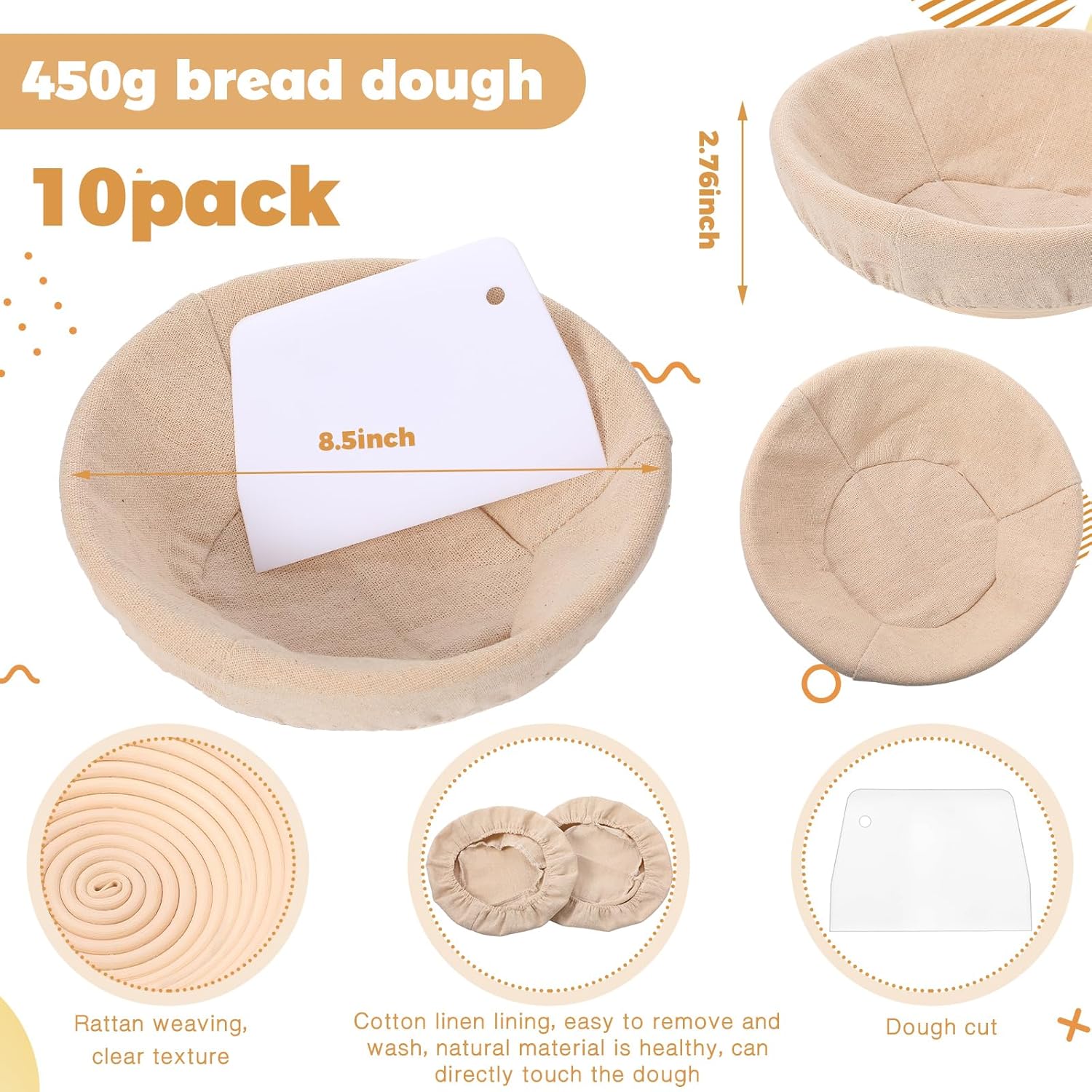 Patelai 10 Piece Sourdough Proofing Baskets with Liners and Scrapers