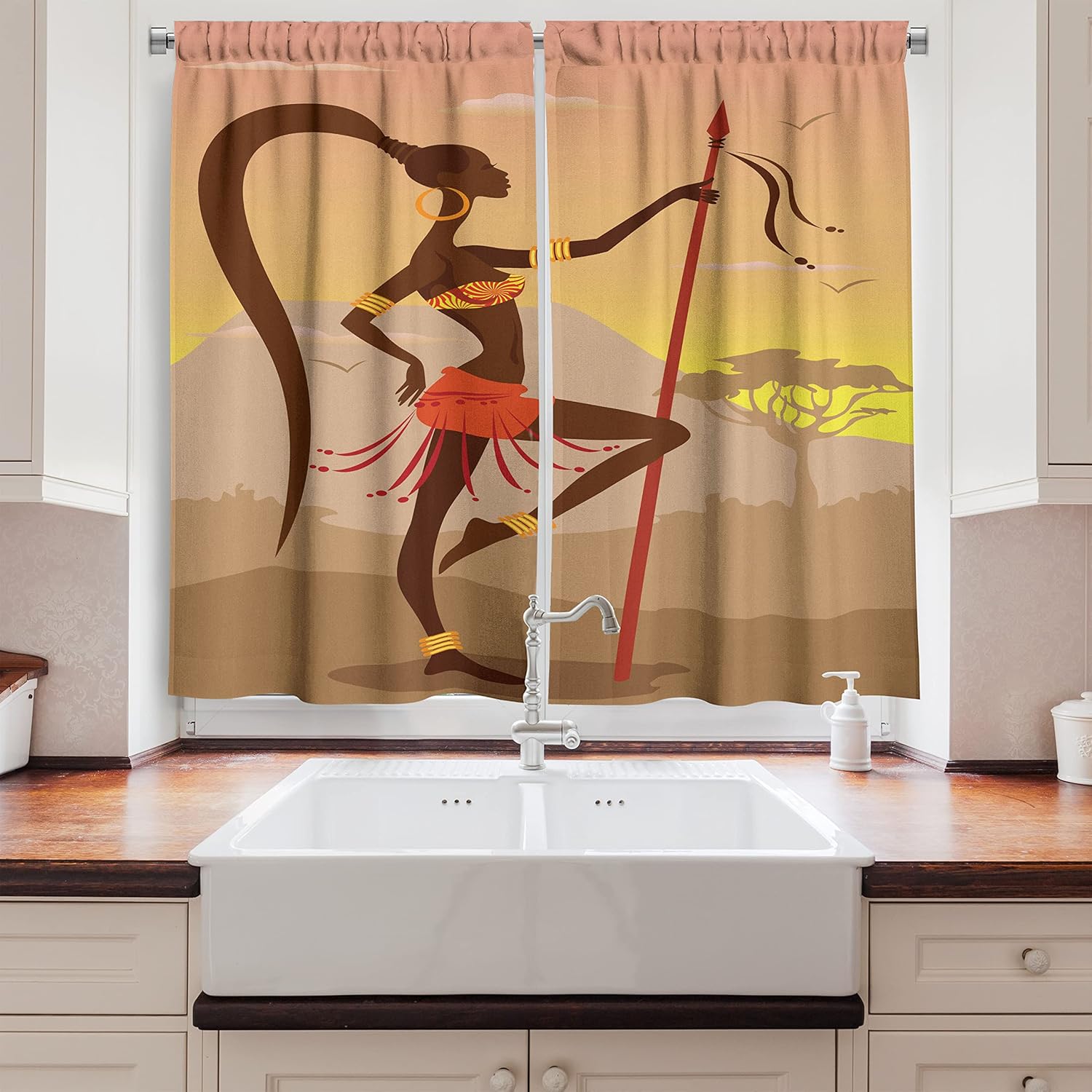 Ambesonne African Kitchen Curtains 2 Panel Set Brown Cocoa 55x39