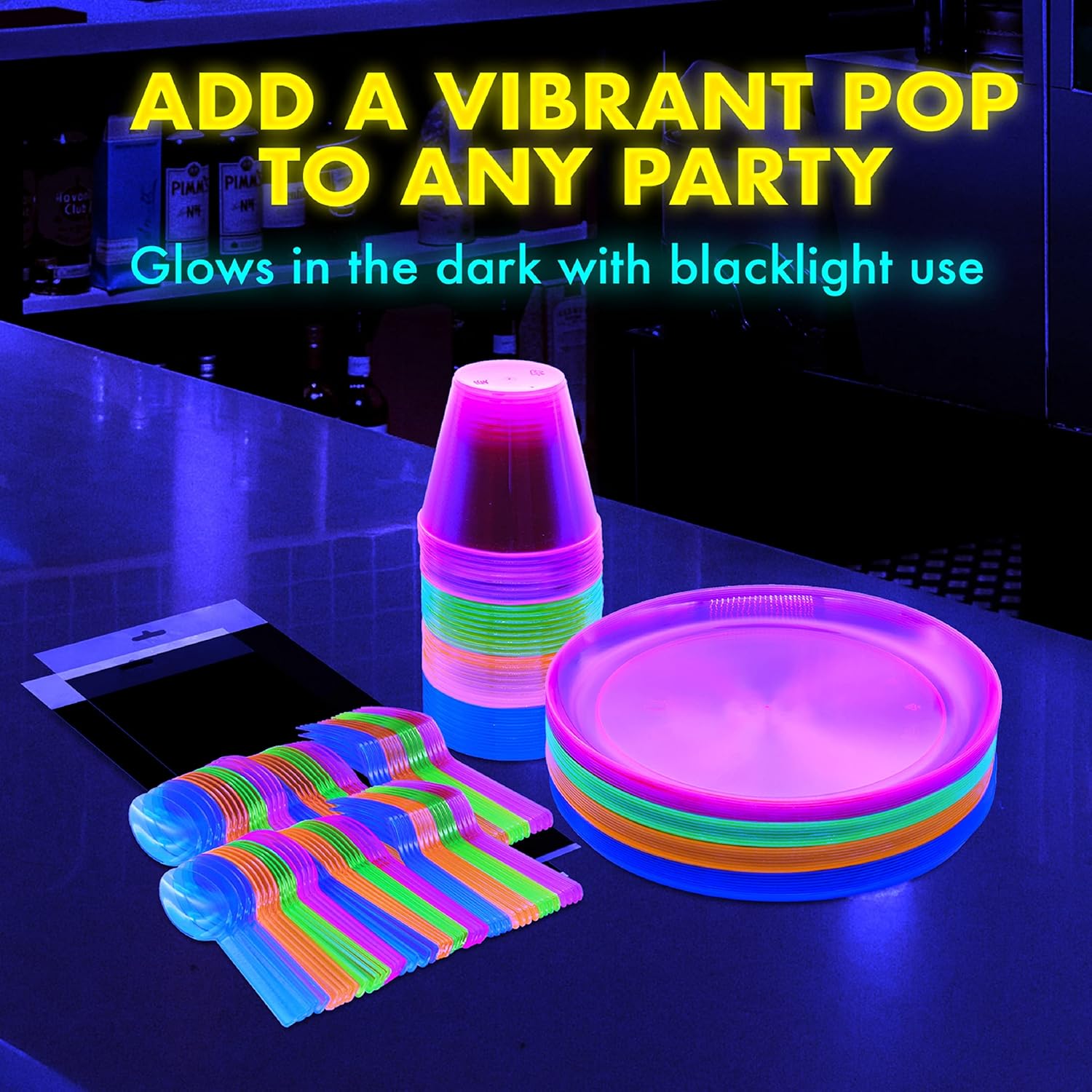 Neon Party Supplies Set with Blacklight UV Glow